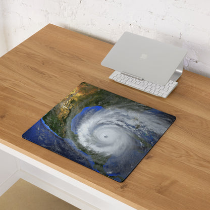 Storm Eye Satellite Desktop Pad - Hurricane Eye Satellite Earth Blue Orange Gray Gaming Desk Art Dramatic Weather Mood