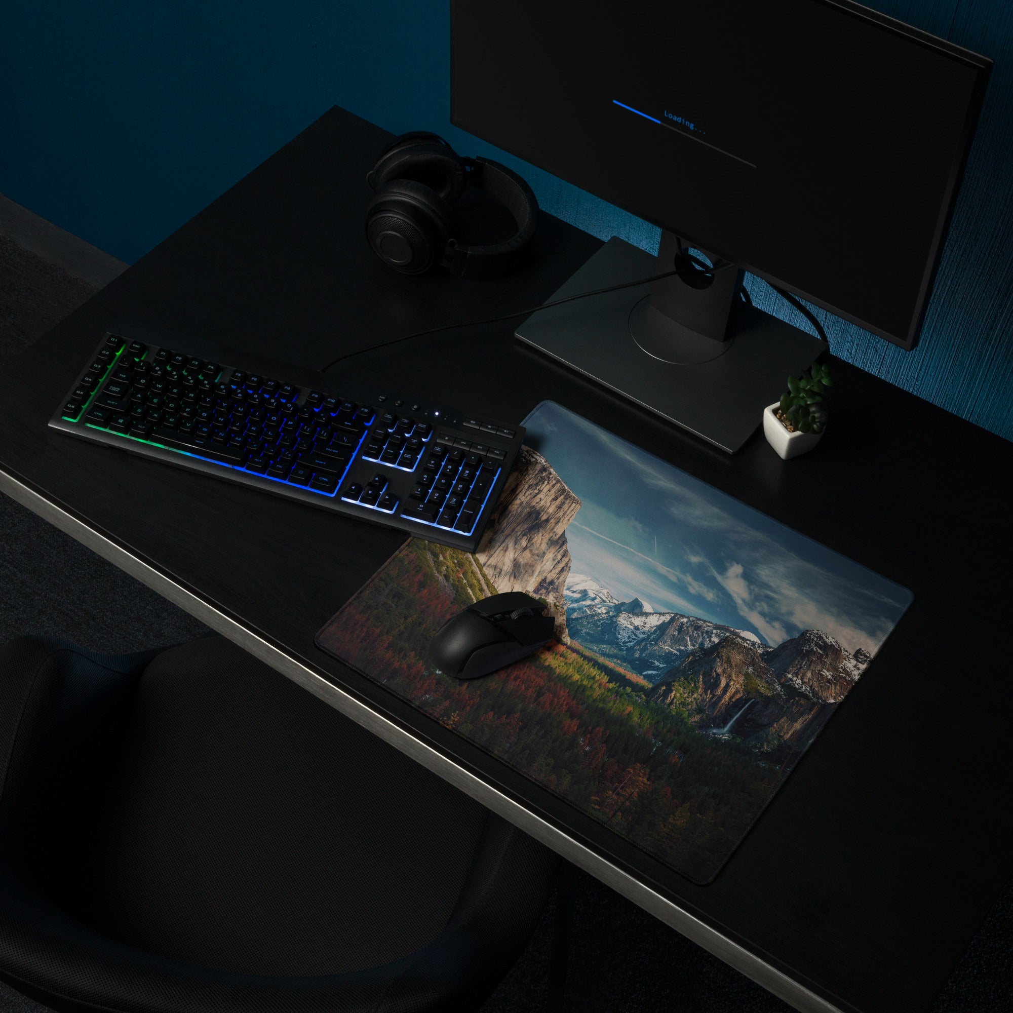 Majestic Mountain Vista Desk Pad - Mountain Landscape Blue Tones Desk Calm Mood Natural Rustic Gaming Pad Photography
