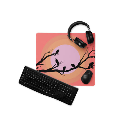 Sunset Birds Branches Mouse Pad - Mouse Pad Coral Pink Purple Desktop Silhouette Modern Desk Mat Digital Art