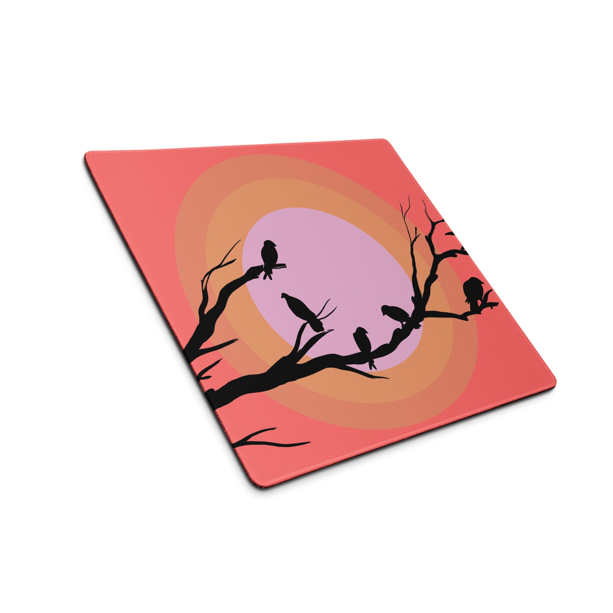Sunset Birds Branches Mouse Pad - Mouse Pad Coral Pink Purple Desktop Silhouette Modern Desk Mat Digital Art