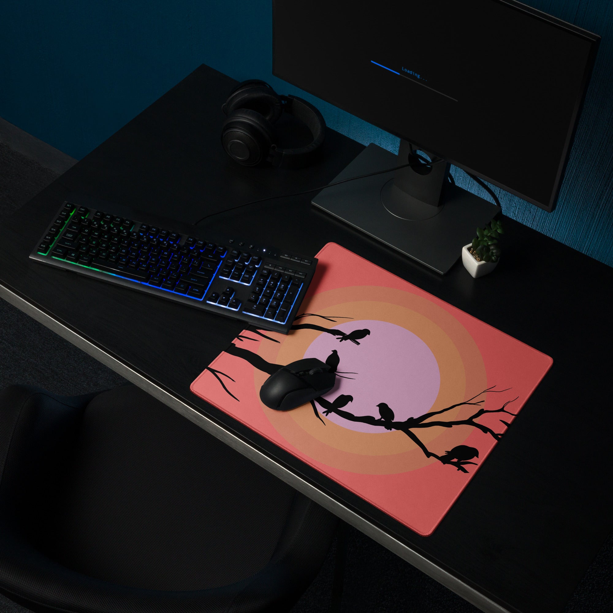 Sunset Birds Branches Mouse Pad - Mouse Pad Coral Pink Purple Desktop Silhouette Modern Desk Mat Digital Art