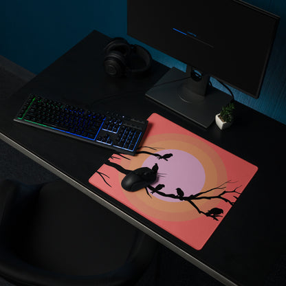 Sunset Birds Branches Mouse Pad - Mouse Pad Coral Pink Purple Desktop Silhouette Modern Desk Mat Digital Art