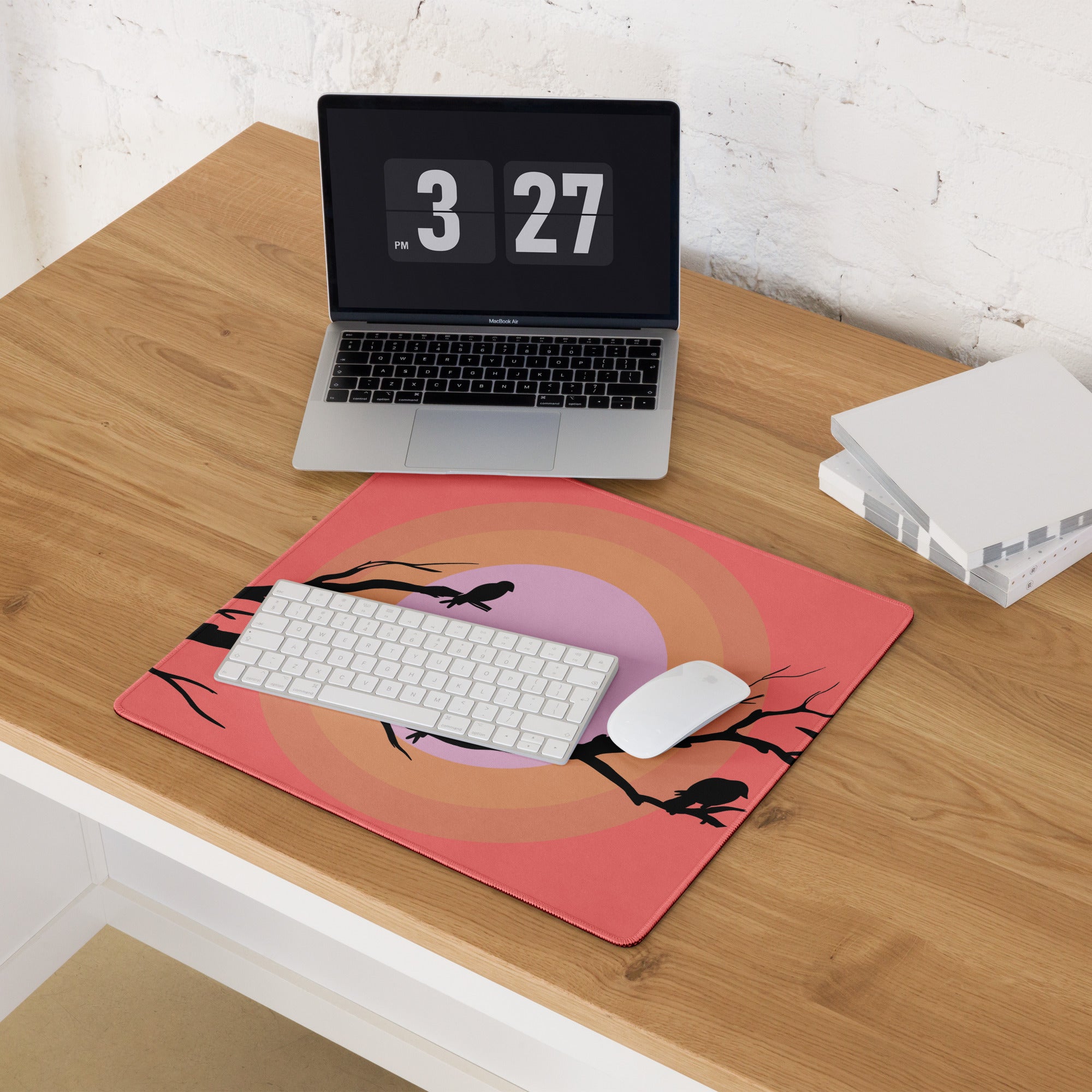 Sunset Birds Branches Mouse Pad - Mouse Pad Coral Pink Purple Desktop Silhouette Modern Desk Mat Digital Art