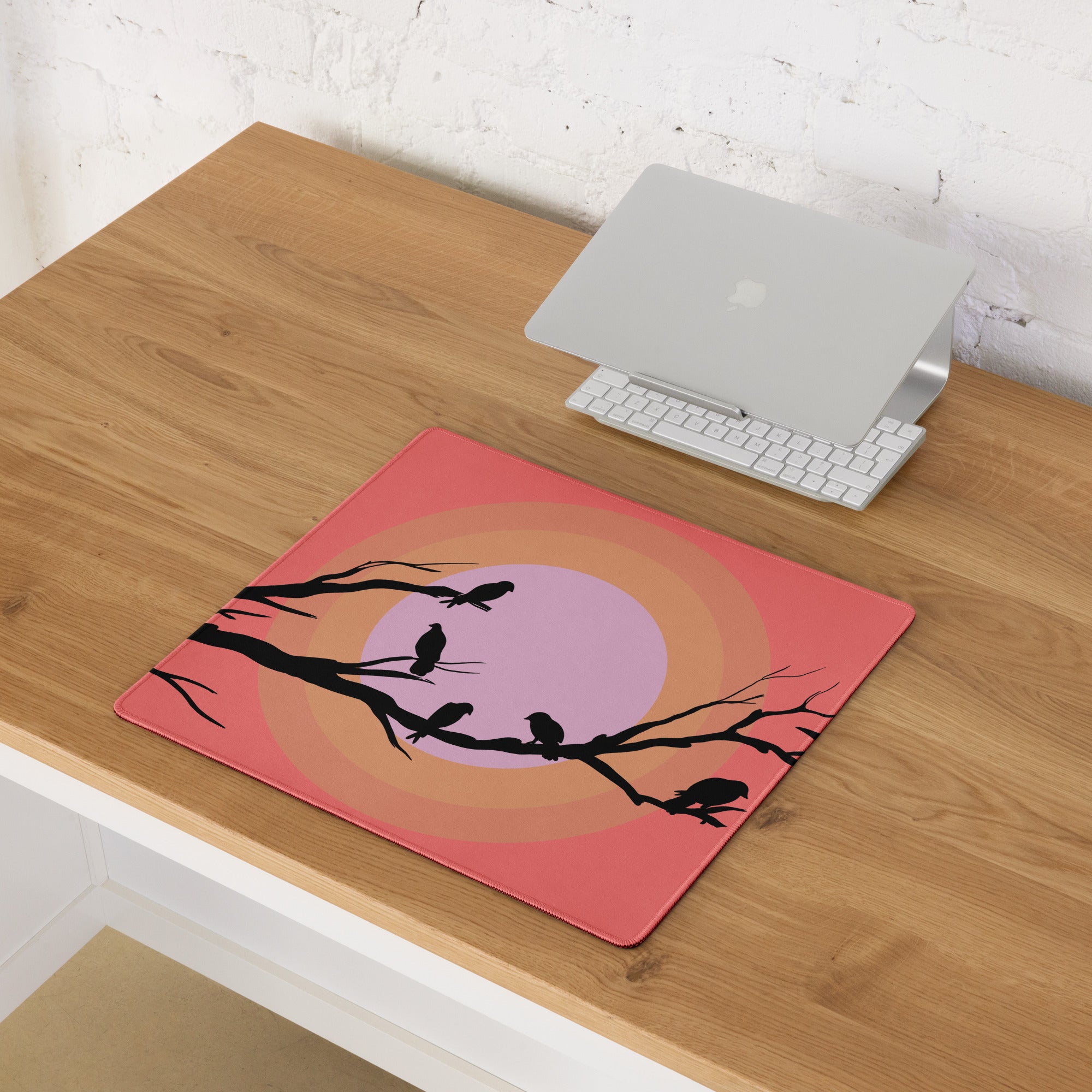 Sunset Birds Branches Mouse Pad - Mouse Pad Coral Pink Purple Desktop Silhouette Modern Desk Mat Digital Art