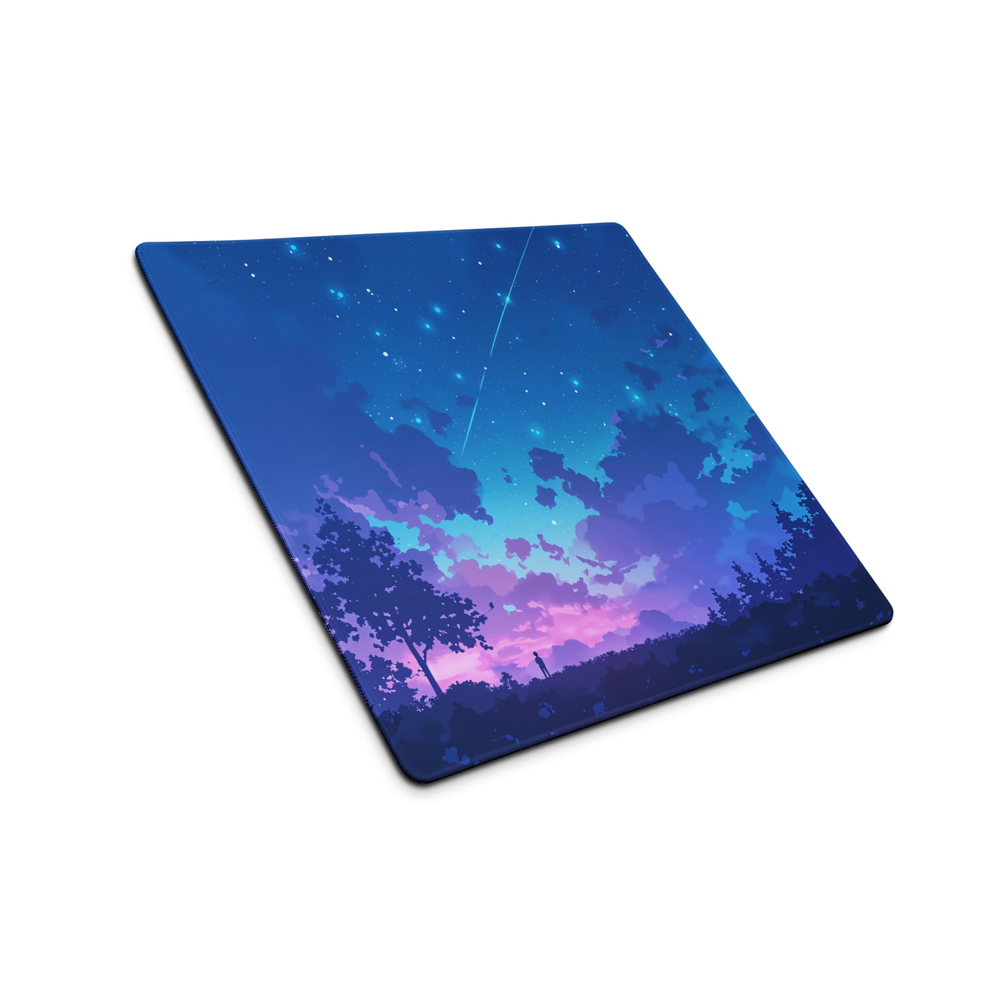 Cosmic Night Sky Desk Pad - Night Sky Blue Purple Desk Mat Modern Art Dreamy Minimal Non-Slip Edge Stitching Digital Art
