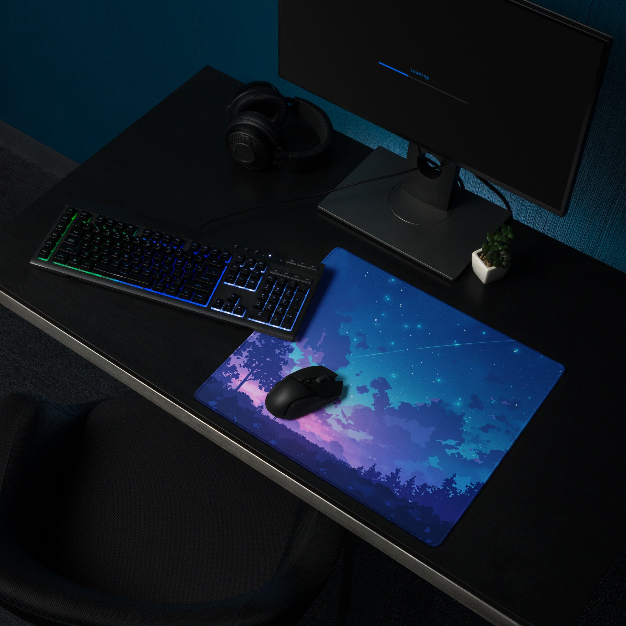 Cosmic Night Sky Desk Pad - Night Sky Blue Purple Desk Mat Modern Art Dreamy Minimal Non-Slip Edge Stitching Digital Art