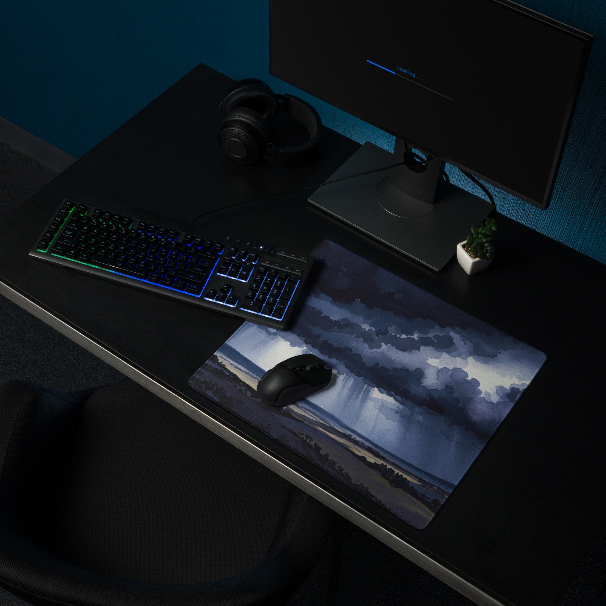 Azure Storm Landscape Pad - Mouse Pad Blue Indigo Home Office Landscape Moody Atmosphere Decor Desk Mat Watercolor