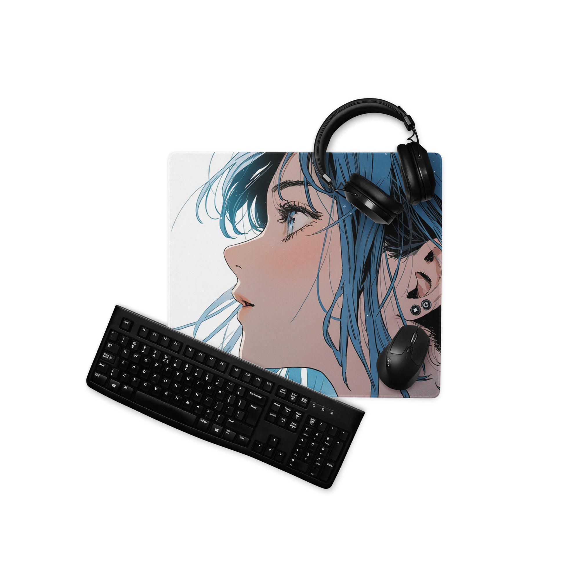 Blue Haired Anime Desk Pad - Anime Gaming Mouse Pad Blue White Desk Style Cool Mood Modern Desk Mats For Gamers Digital
