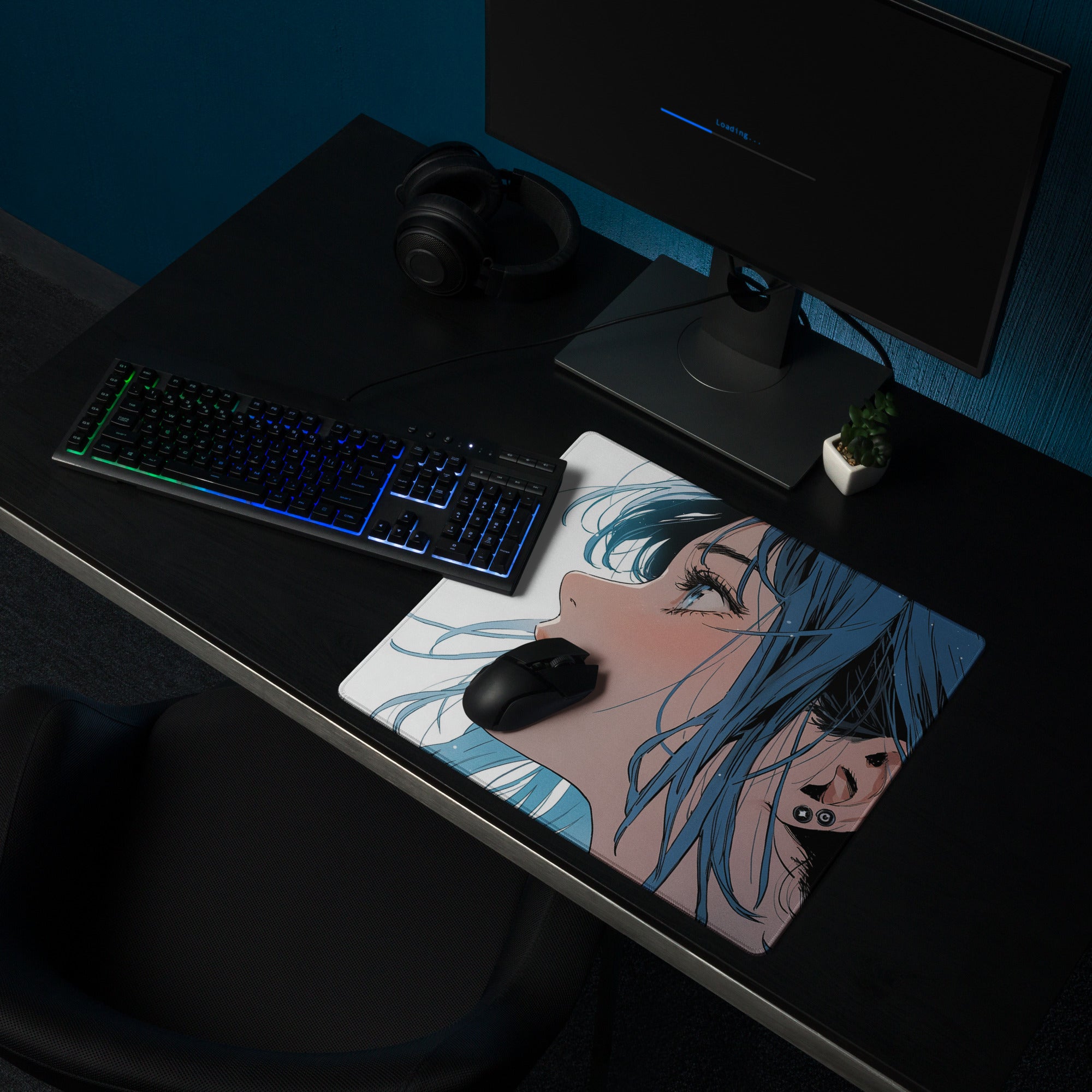 Blue Haired Anime Desk Pad - Anime Gaming Mouse Pad Blue White Desk Style Cool Mood Modern Desk Mats For Gamers Digital