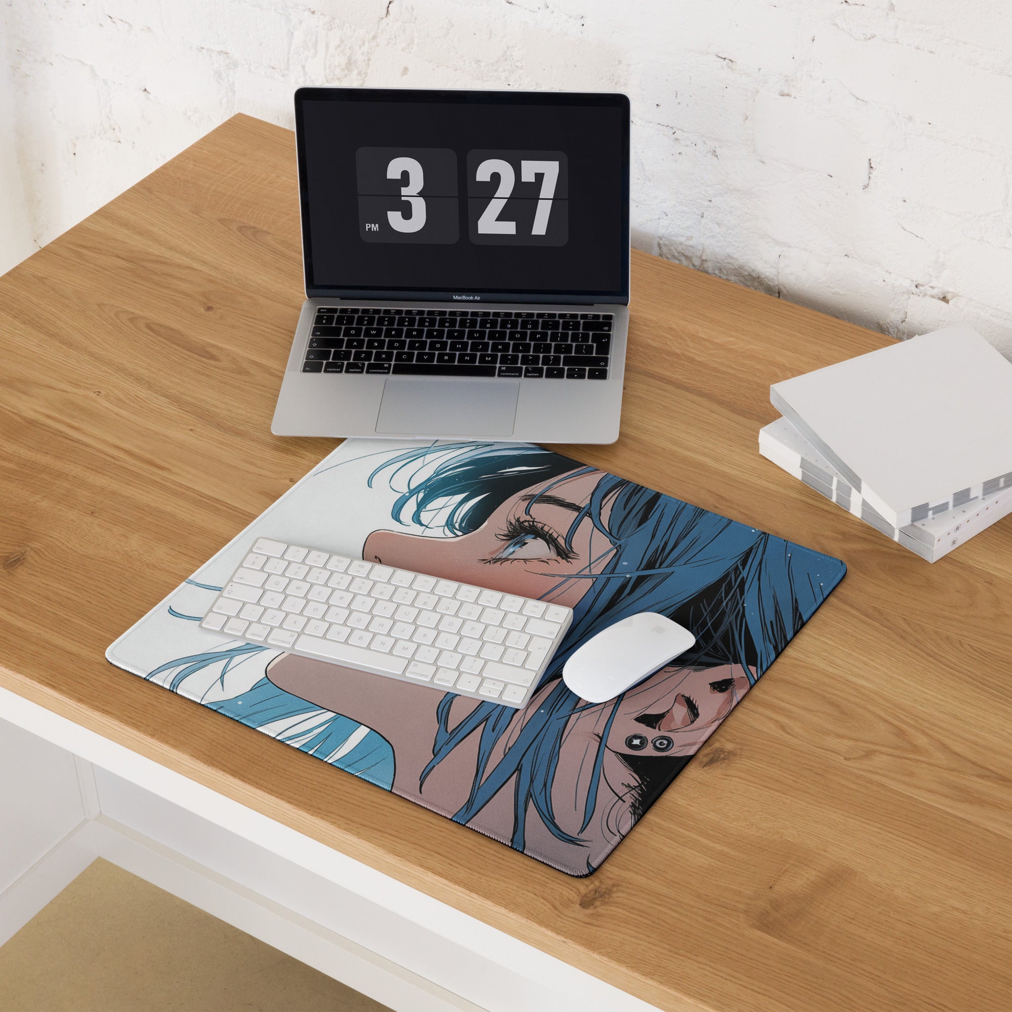Blue Haired Anime Desk Pad - Anime Gaming Mouse Pad Blue White Desk Style Cool Mood Modern Desk Mats For Gamers Digital