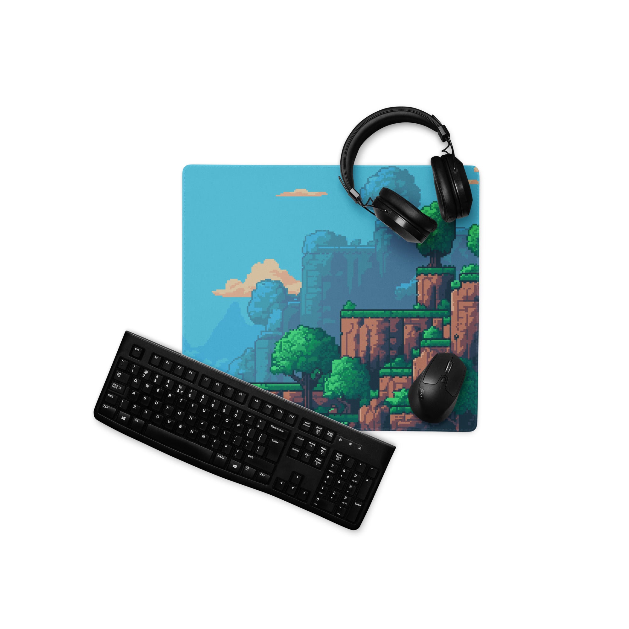 Pixel Forest Adventure Mouse Pad - Landscape Blue Green Desk Pixel Art Playful Mood Retro Gaming Decor Pixel Art Mousepad