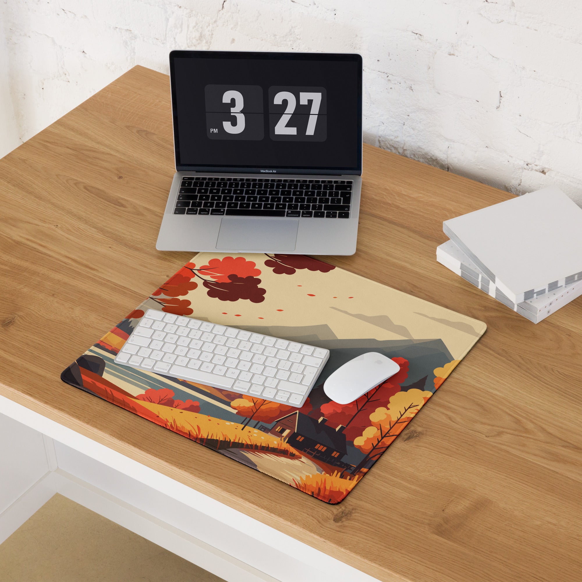 Autumn Forest Mountain Landscape Mouse Pad - Mountain Landscape Orange Red Gaming Desk Cozy Mood Modern Desk Mat Vector