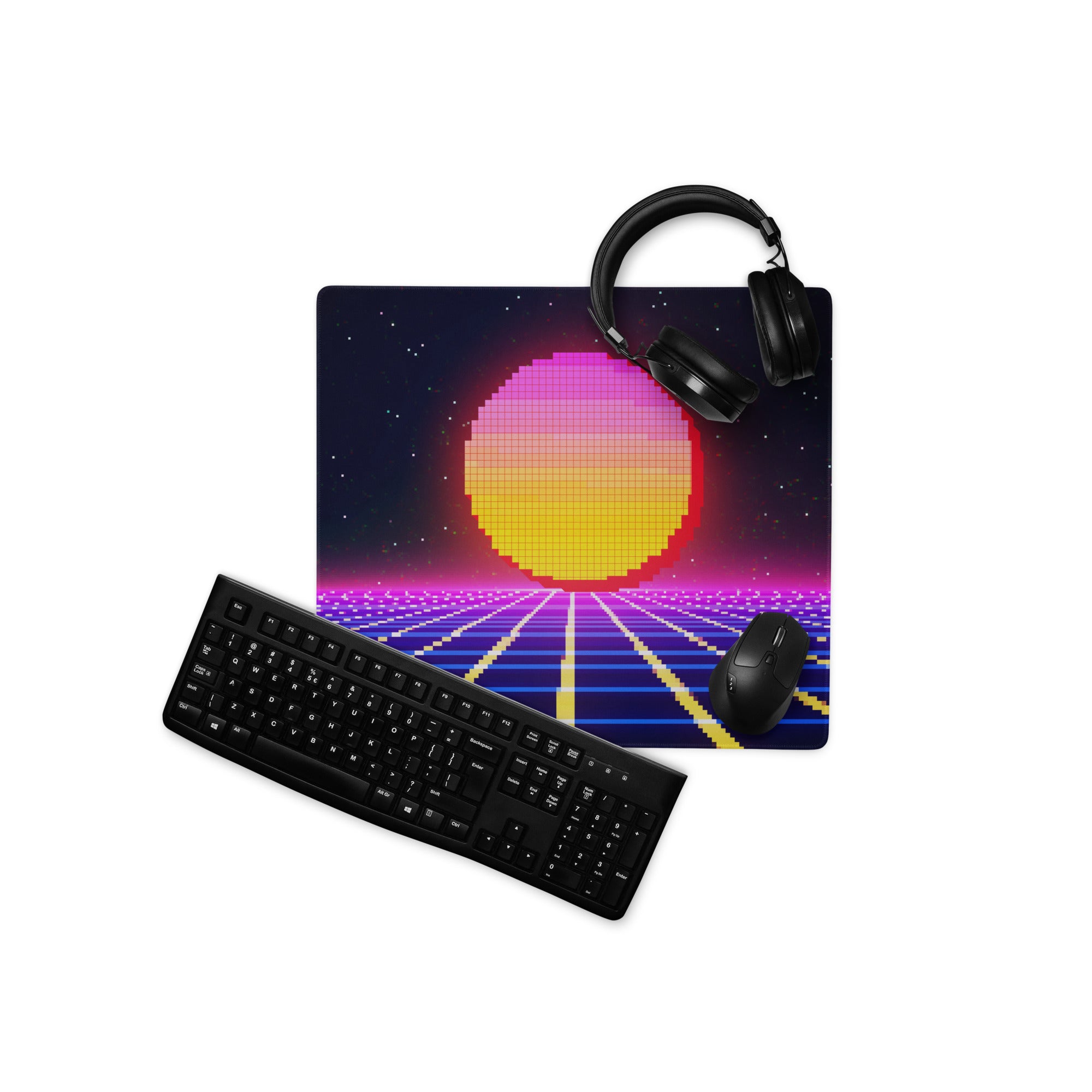Neon Pixel Sunset Gaming Mat - Gaming Mouse Pad Pink Purple Blue Cyberpunk: Vaporwave Mood Retro Futurism Pixel Art