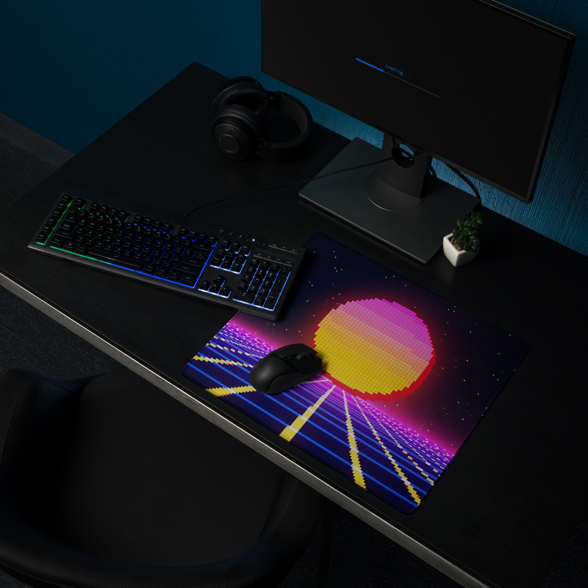 Neon Pixel Sunset Gaming Mat - Gaming Mouse Pad Pink Purple Blue Cyberpunk: Vaporwave Mood Retro Futurism Pixel Art