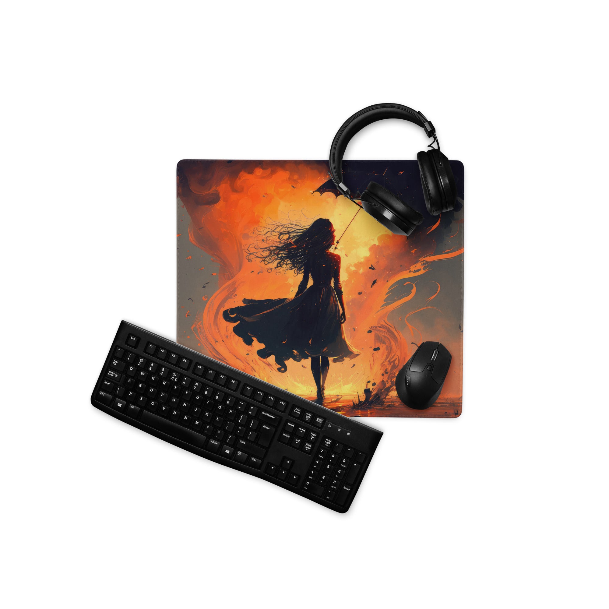 Inferno Warrior Large Gaming Mouse Pad - Silhouette Orange Flames Desk Setup Digital Art Intense Mood Esports Decor