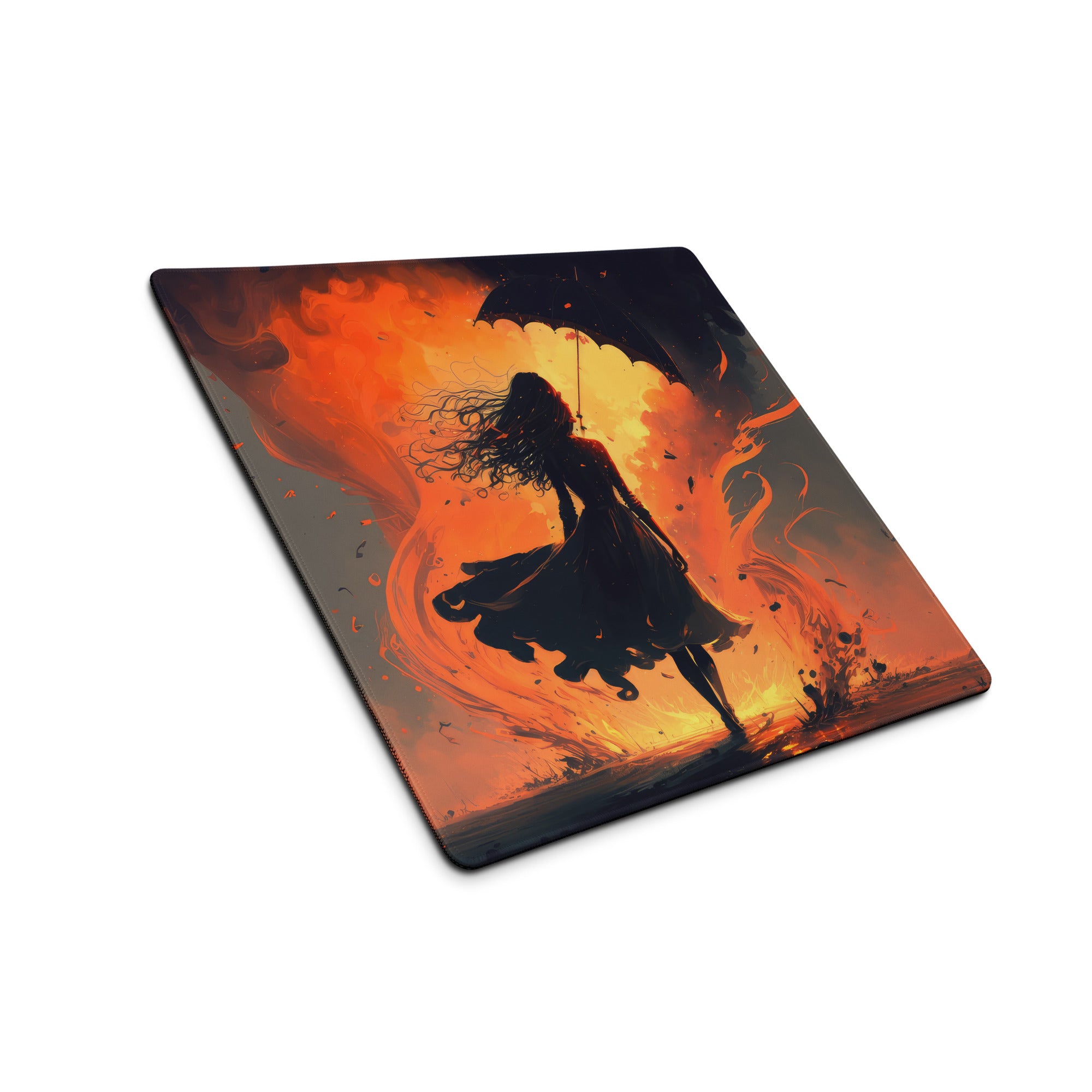 Inferno Warrior Large Gaming Mouse Pad - Silhouette Orange Flames Desk Setup Digital Art Intense Mood Esports Decor
