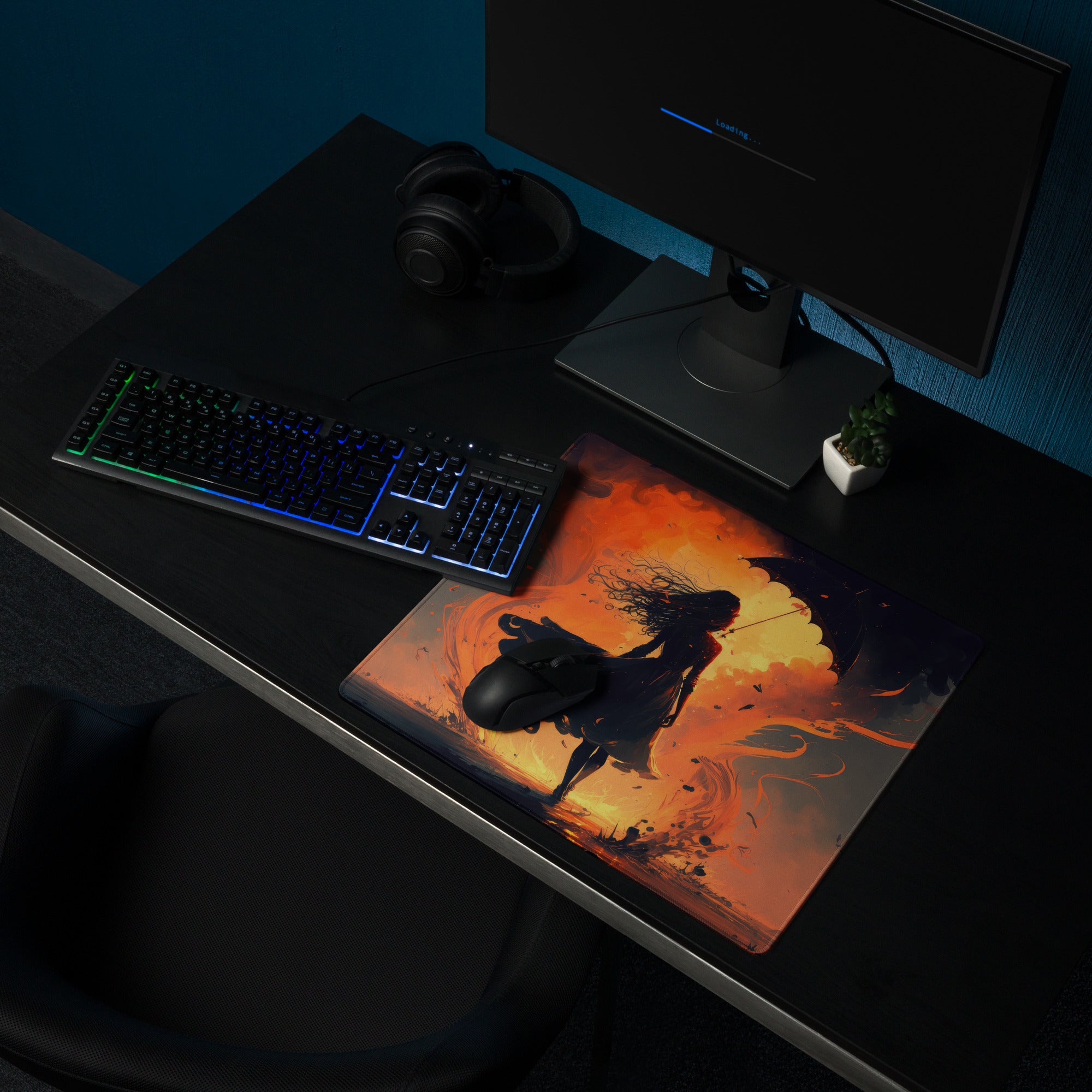 Inferno Warrior Large Gaming Mouse Pad - Silhouette Orange Flames Desk Setup Digital Art Intense Mood Esports Decor