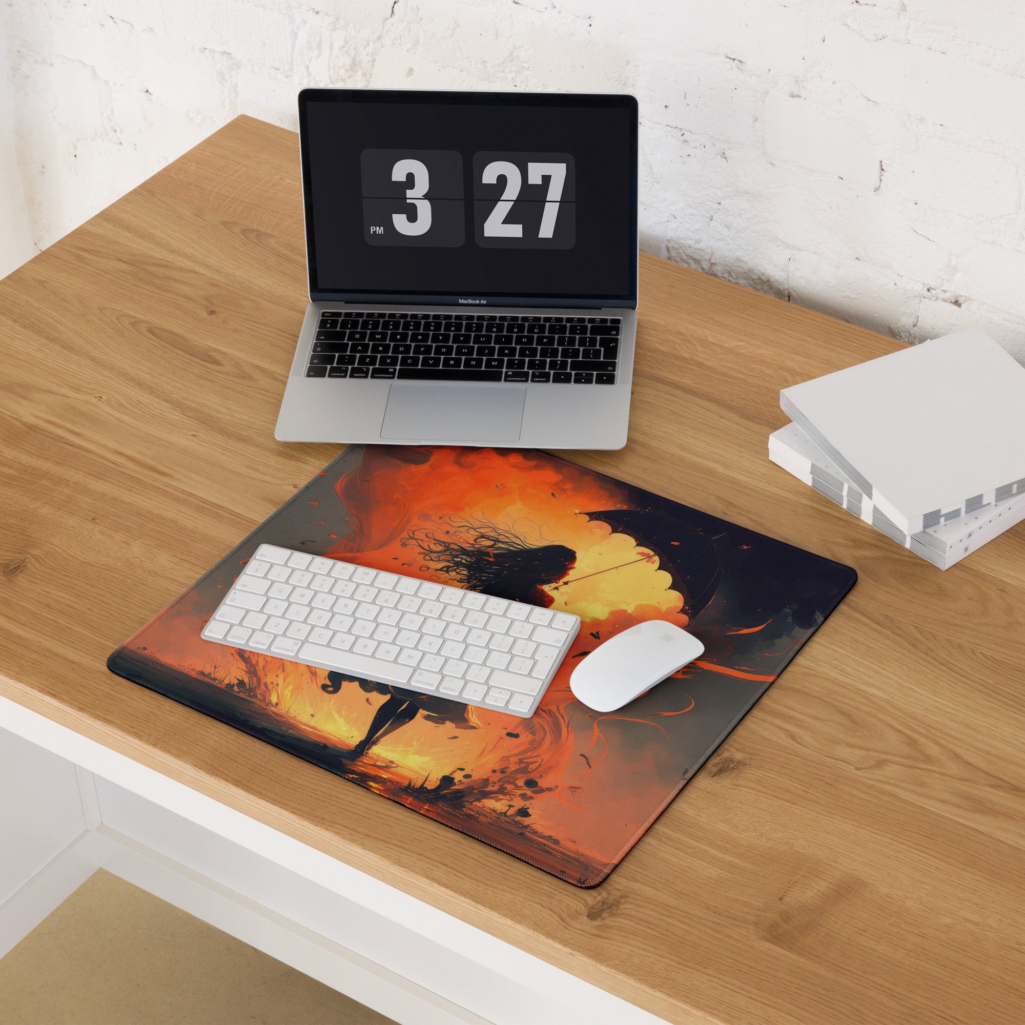 Inferno Warrior Large Gaming Mouse Pad - Silhouette Orange Flames Desk Setup Digital Art Intense Mood Esports Decor