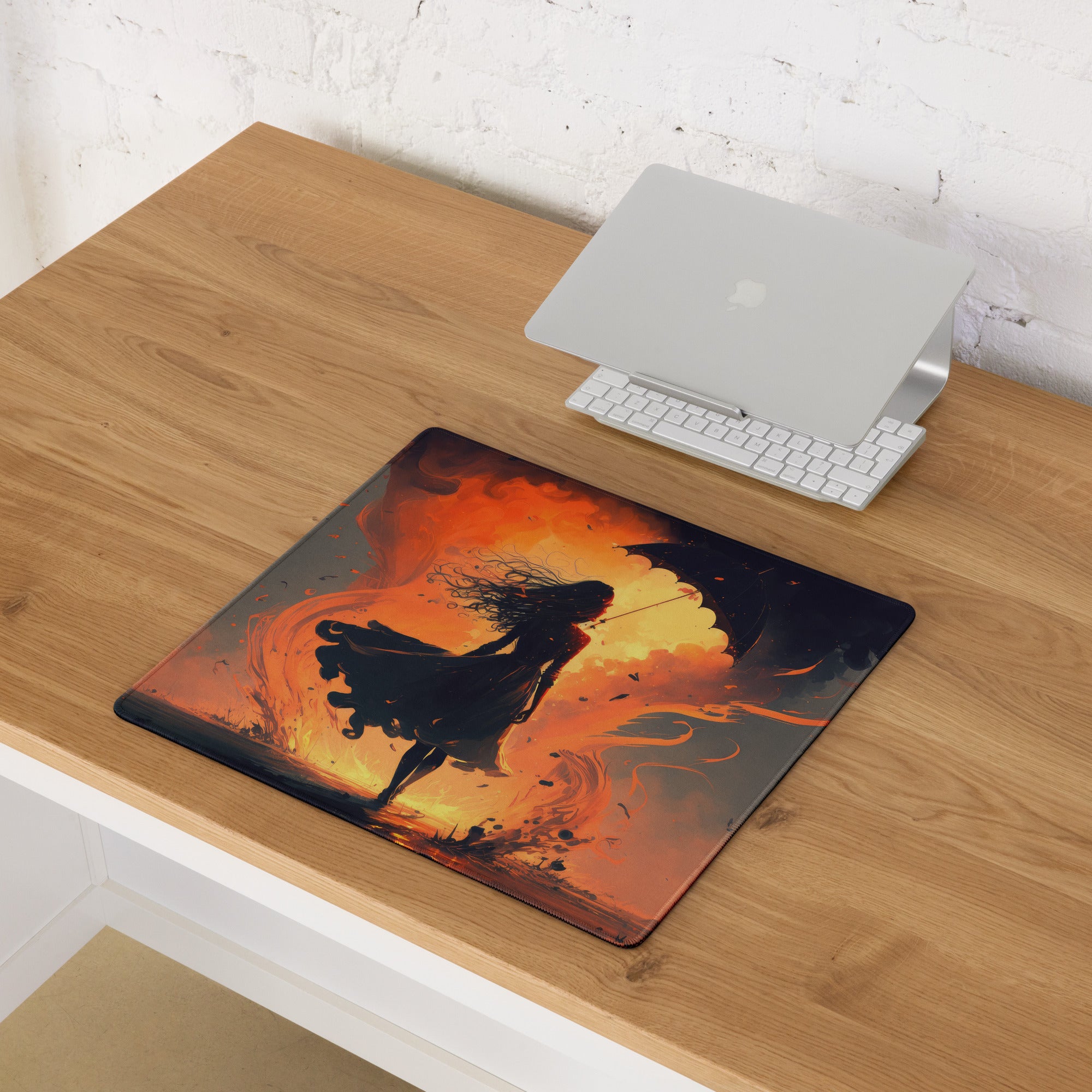 Inferno Warrior Large Gaming Mouse Pad - Silhouette Orange Flames Desk Setup Digital Art Intense Mood Esports Decor