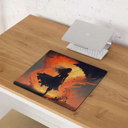 Inferno Warrior Large Gaming Mouse Pad - Silhouette Orange Flames Desk Setup Digital Art Intense Mood Esports Decor