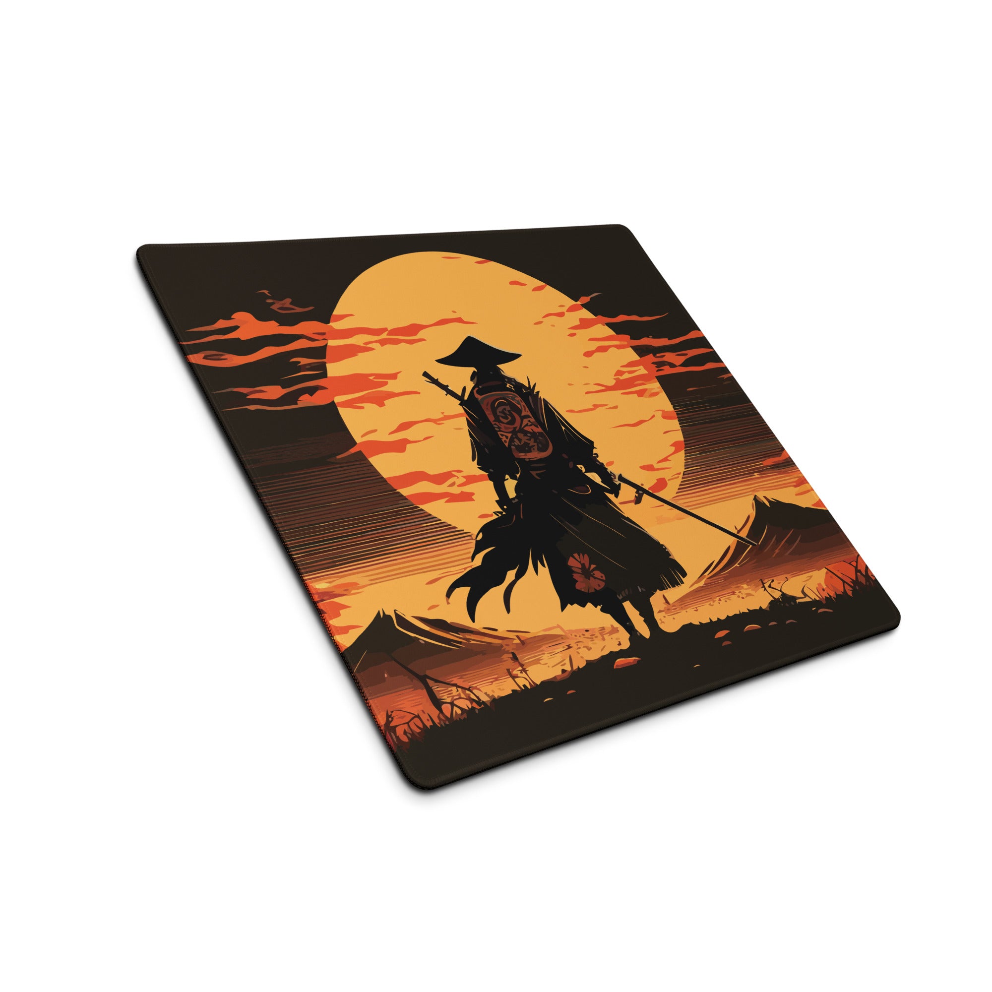 Sunset Samurai Gaming Mouse Pad - Samurai Orange Black Desk Mat Dramatic Mood Minimalist Anime Inspired