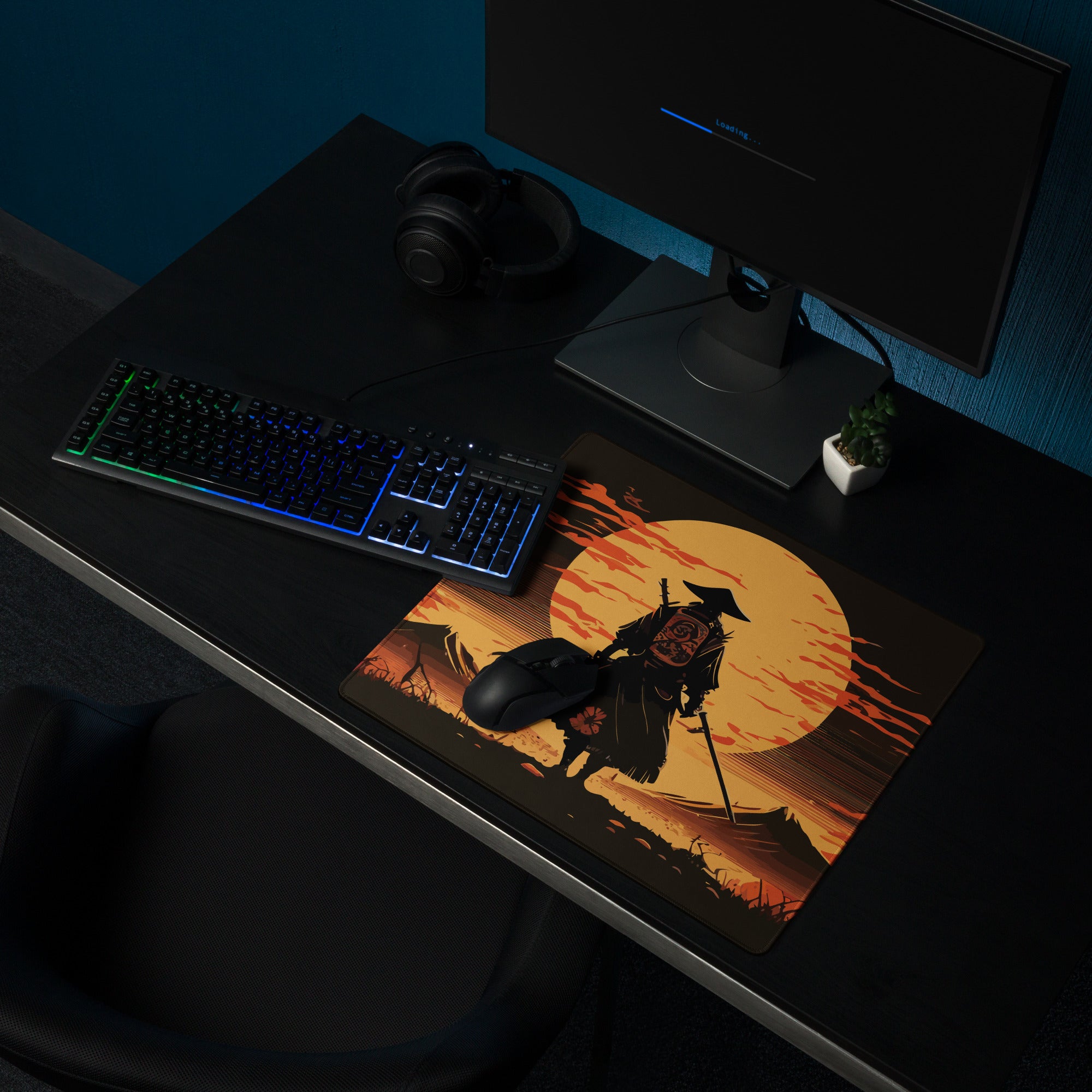 Sunset Samurai Gaming Mouse Pad - Samurai Orange Black Desk Mat Dramatic Mood Minimalist Anime Inspired