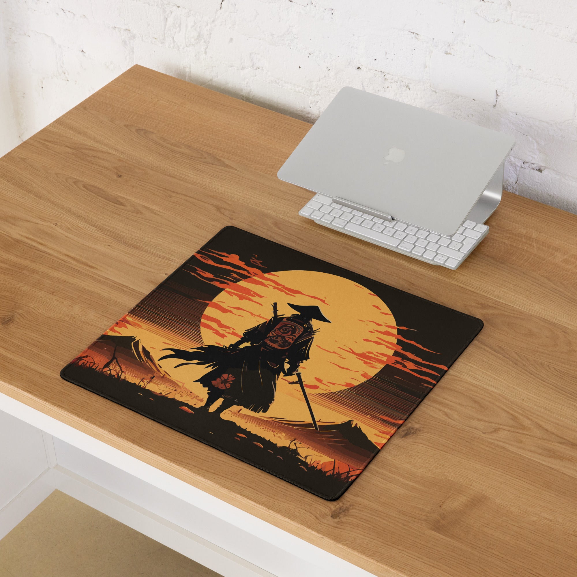 Sunset Samurai Gaming Mouse Pad - Samurai Orange Black Desk Mat Dramatic Mood Minimalist Anime Inspired