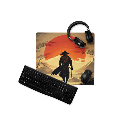 Crimson Sun Samurai Mouse Pad - Samurai Crimson Sun Gaming Desk Ukiyoe Dramatic Warmth Modern Japanese Decor Digital Art