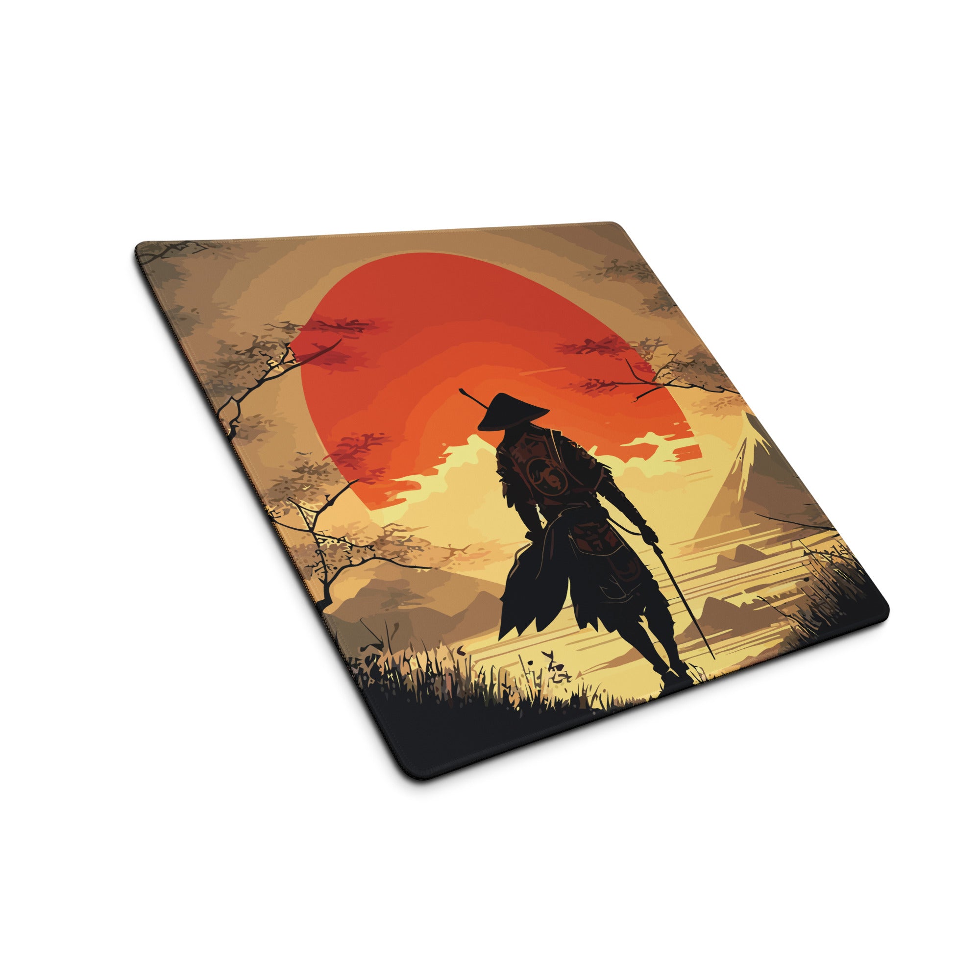 Crimson Sun Samurai Mouse Pad - Samurai Crimson Sun Gaming Desk Ukiyoe Dramatic Warmth Modern Japanese Decor Digital Art
