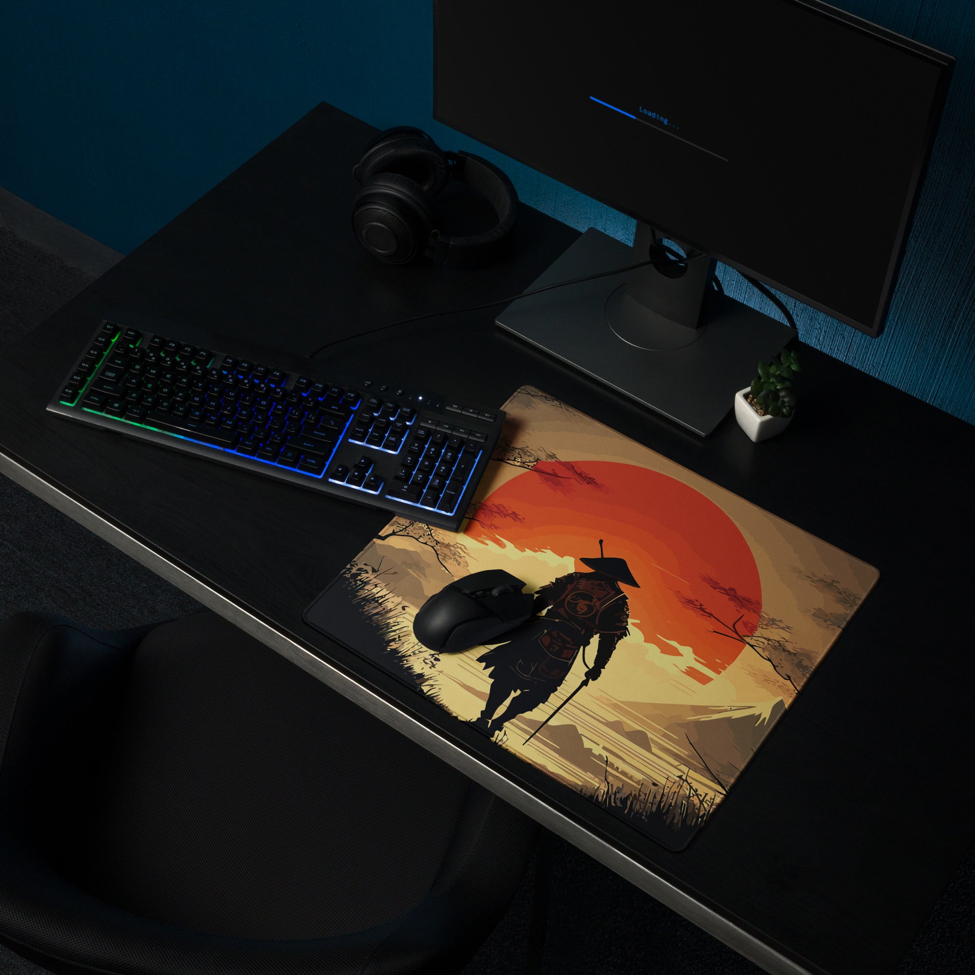 Crimson Sun Samurai Mouse Pad - Samurai Crimson Sun Gaming Desk Ukiyoe Dramatic Warmth Modern Japanese Decor Digital Art
