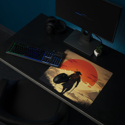 Crimson Sun Samurai Mouse Pad - Samurai Crimson Sun Gaming Desk Ukiyoe Dramatic Warmth Modern Japanese Decor Digital Art