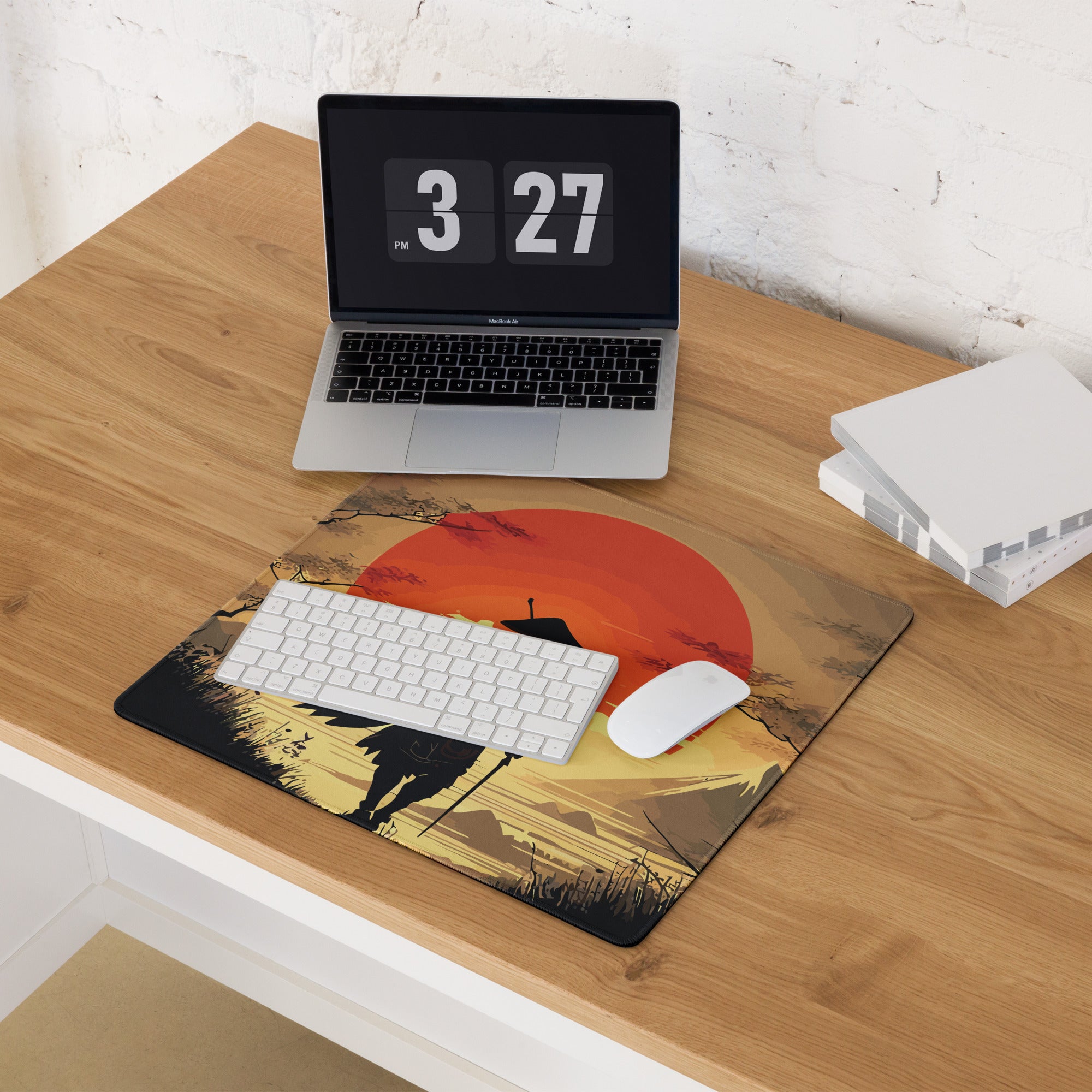 Crimson Sun Samurai Mouse Pad - Samurai Crimson Sun Gaming Desk Ukiyoe Dramatic Warmth Modern Japanese Decor Digital Art