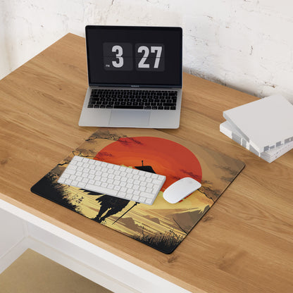 Crimson Sun Samurai Mouse Pad - Samurai Crimson Sun Gaming Desk Ukiyoe Dramatic Warmth Modern Japanese Decor Digital Art