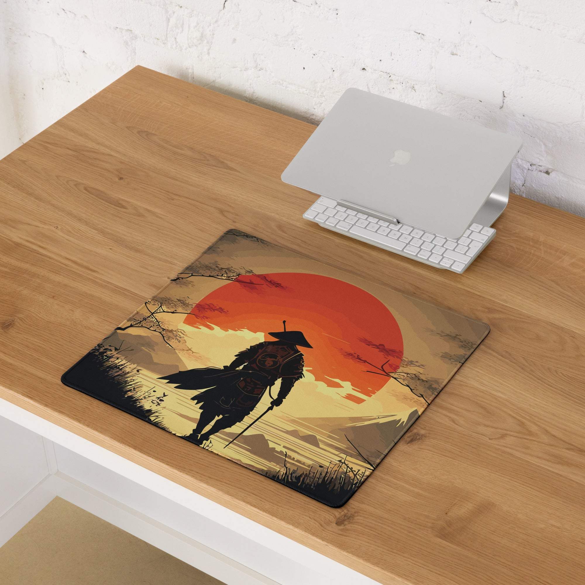 Crimson sun samurai mouse pad with stylized samurai silhouette on vibrant orange sunset printed on smooth surface