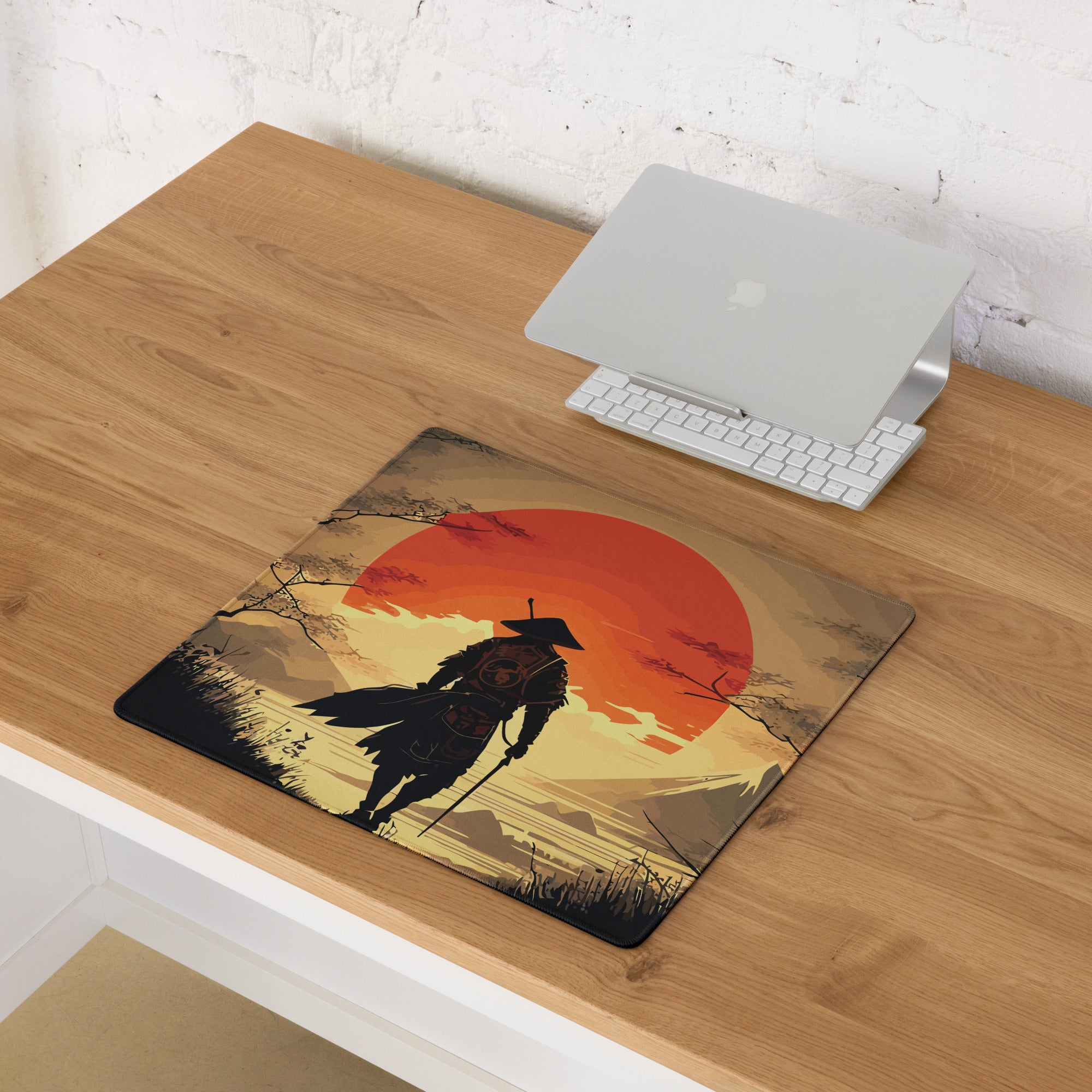 Crimson Sun Samurai Mouse Pad - Samurai Crimson Sun Gaming Desk Ukiyoe Dramatic Warmth Modern Japanese Decor Digital Art