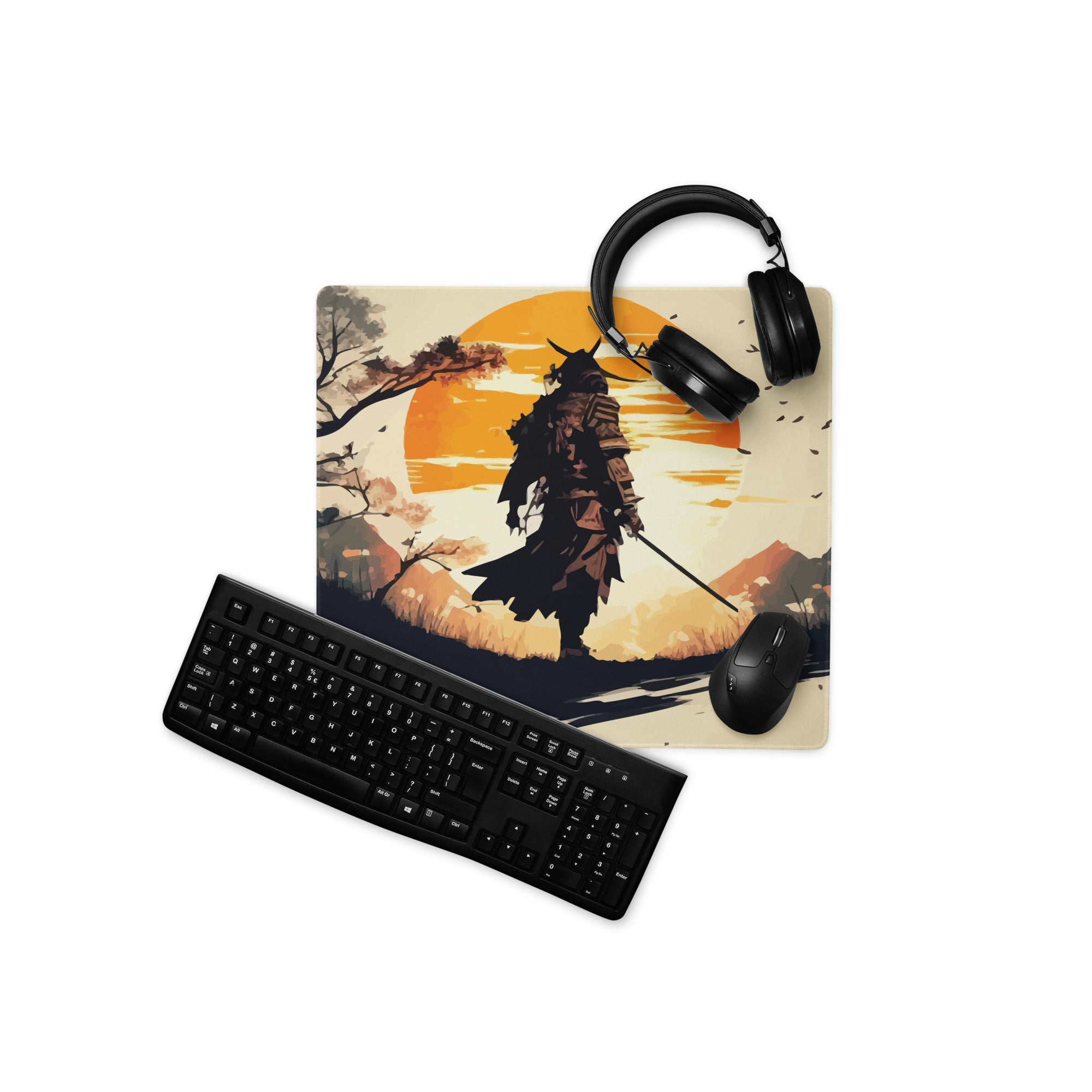 Sunset Warrior Silhouette Desk Mat - Warrior Silhouette Orange Sunset Desk Mat Mood Gaming Decor Digital Art