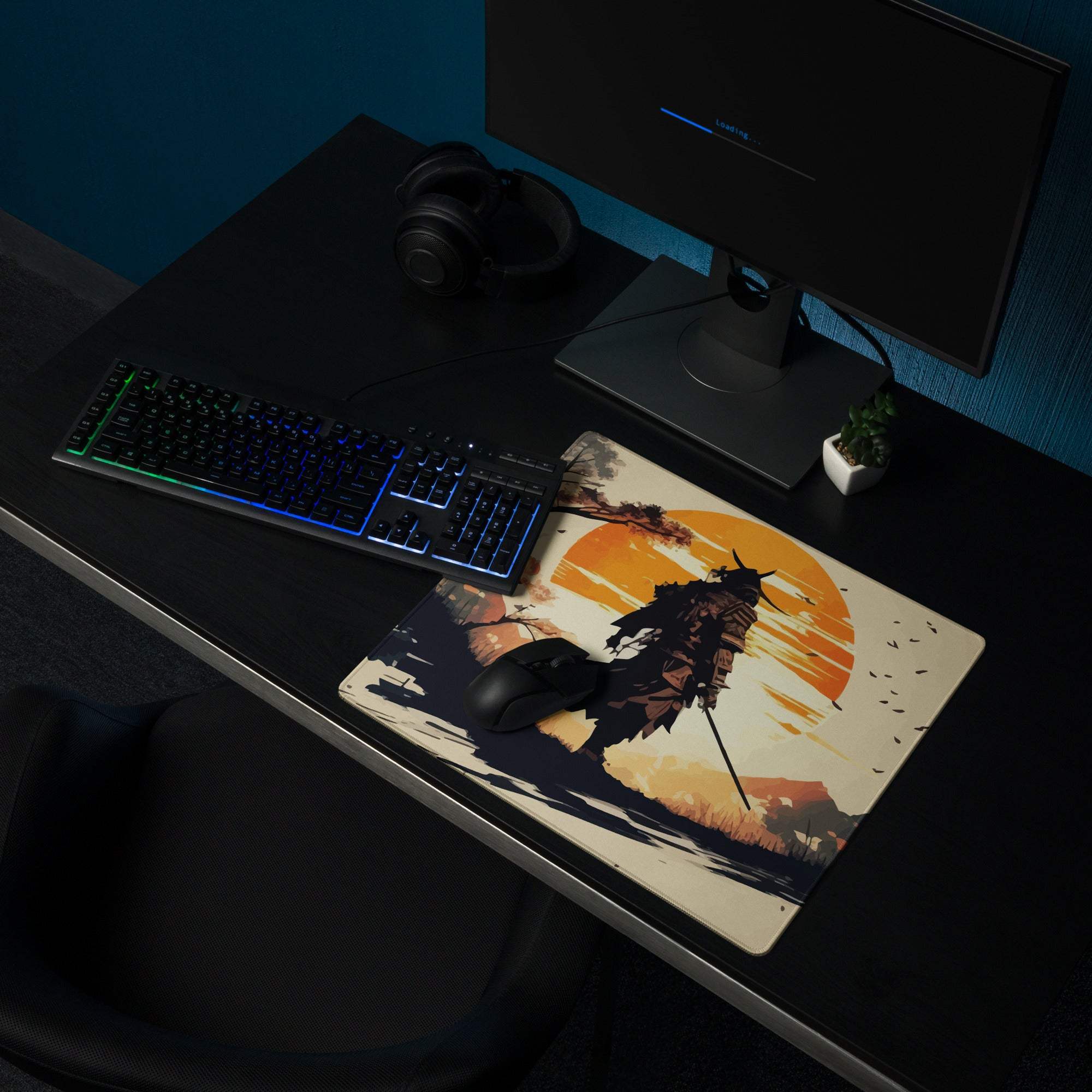 Rectangular smooth surface mousepad with stylized samurai silhouette and orange sunset for gaming decor