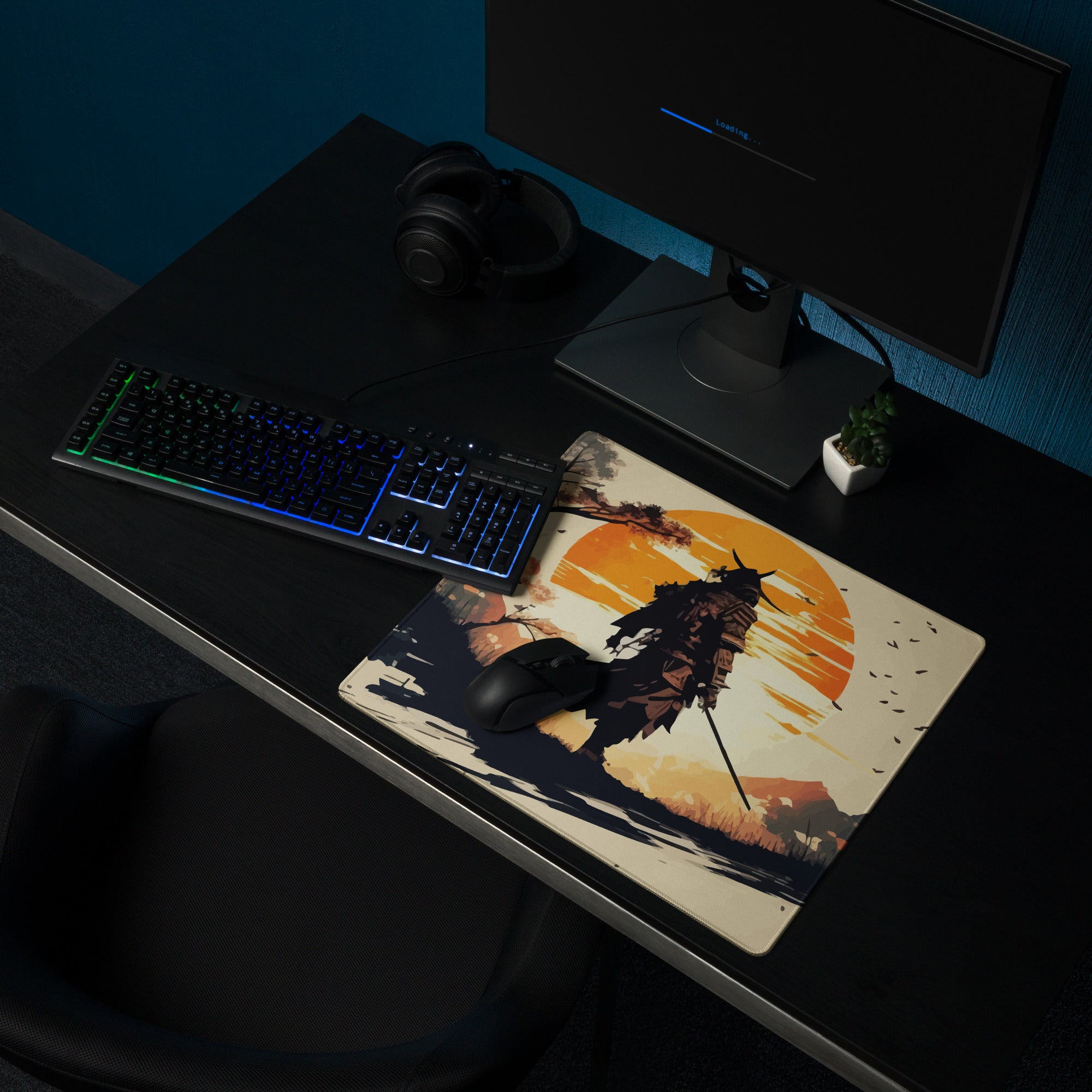 Sunset Warrior Silhouette Desk Mat - Warrior Silhouette Orange Sunset Desk Mat Mood Gaming Decor Digital Art
