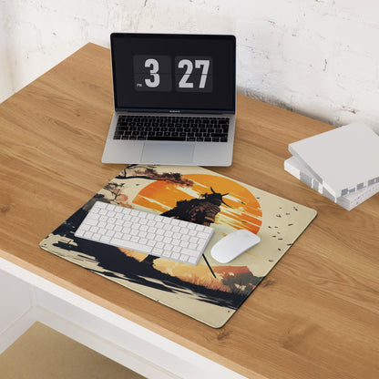 Sunset Warrior Silhouette Desk Mat - Warrior Silhouette Orange Sunset Desk Mat Mood Gaming Decor Digital Art