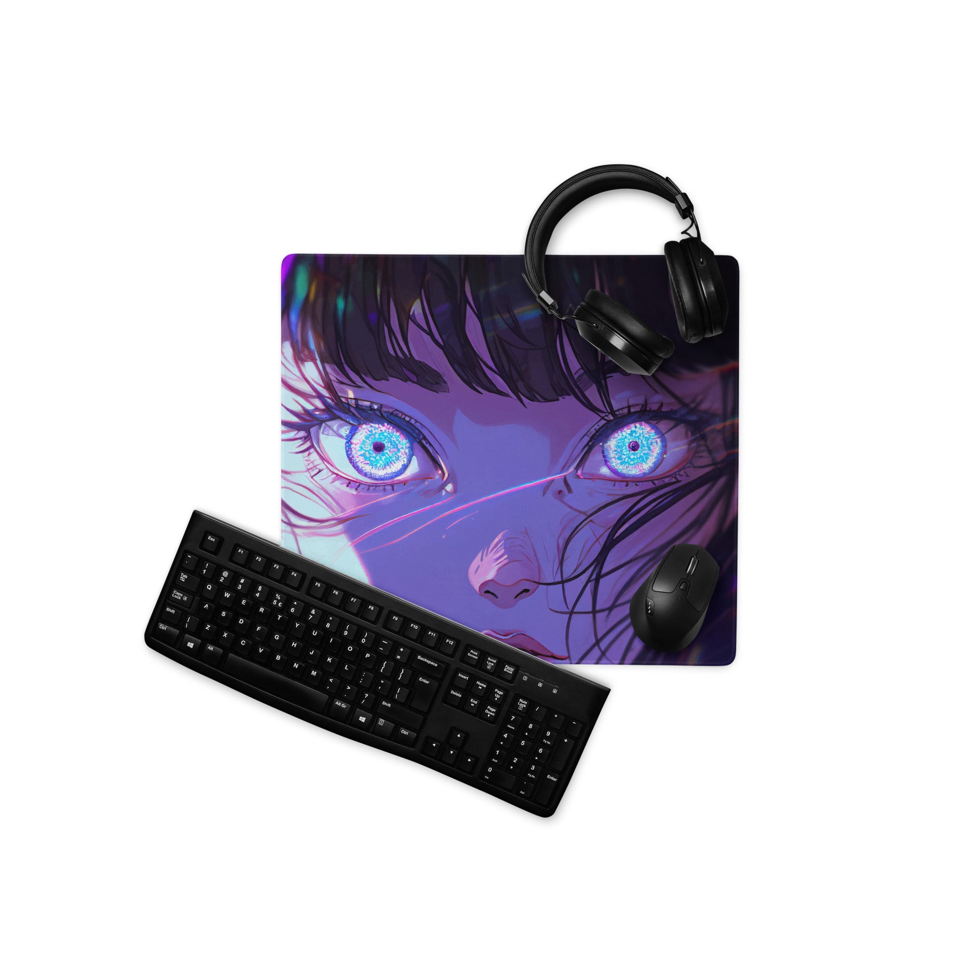 Neon Anime Portrait Gaming Mouse Pad - Anime Portrait Purple Blue Gaming Desk Cyberpunk Art Energetic Mood Esports Pad Digital Art