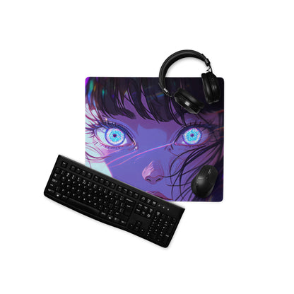 Neon Anime Portrait Gaming Mouse Pad - Anime Portrait Purple Blue Gaming Desk Cyberpunk Art Energetic Mood Esports Pad Digital Art