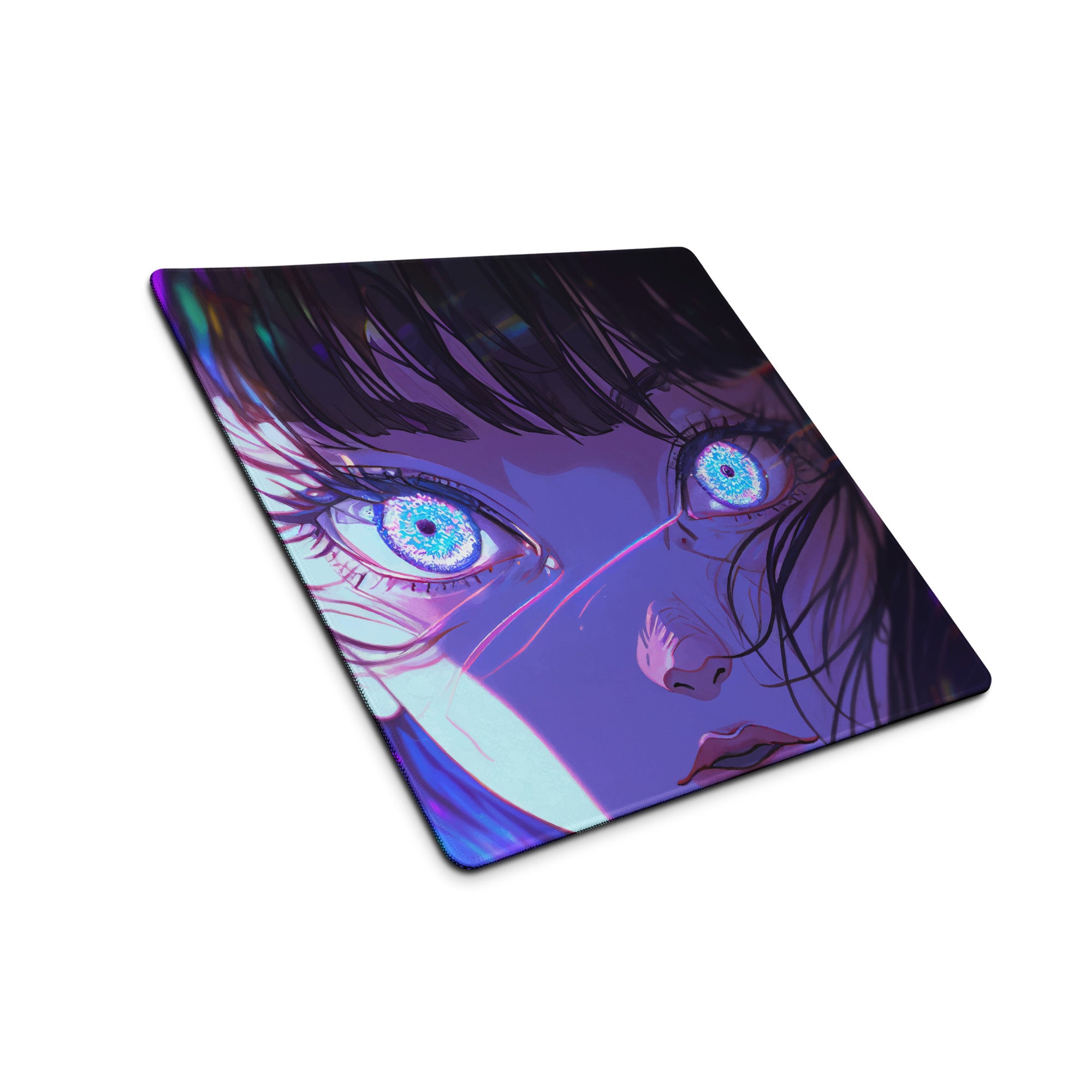 Neon Anime Portrait Gaming Mouse Pad - Anime Portrait Purple Blue Gaming Desk Cyberpunk Art Energetic Mood Esports Pad Digital Art