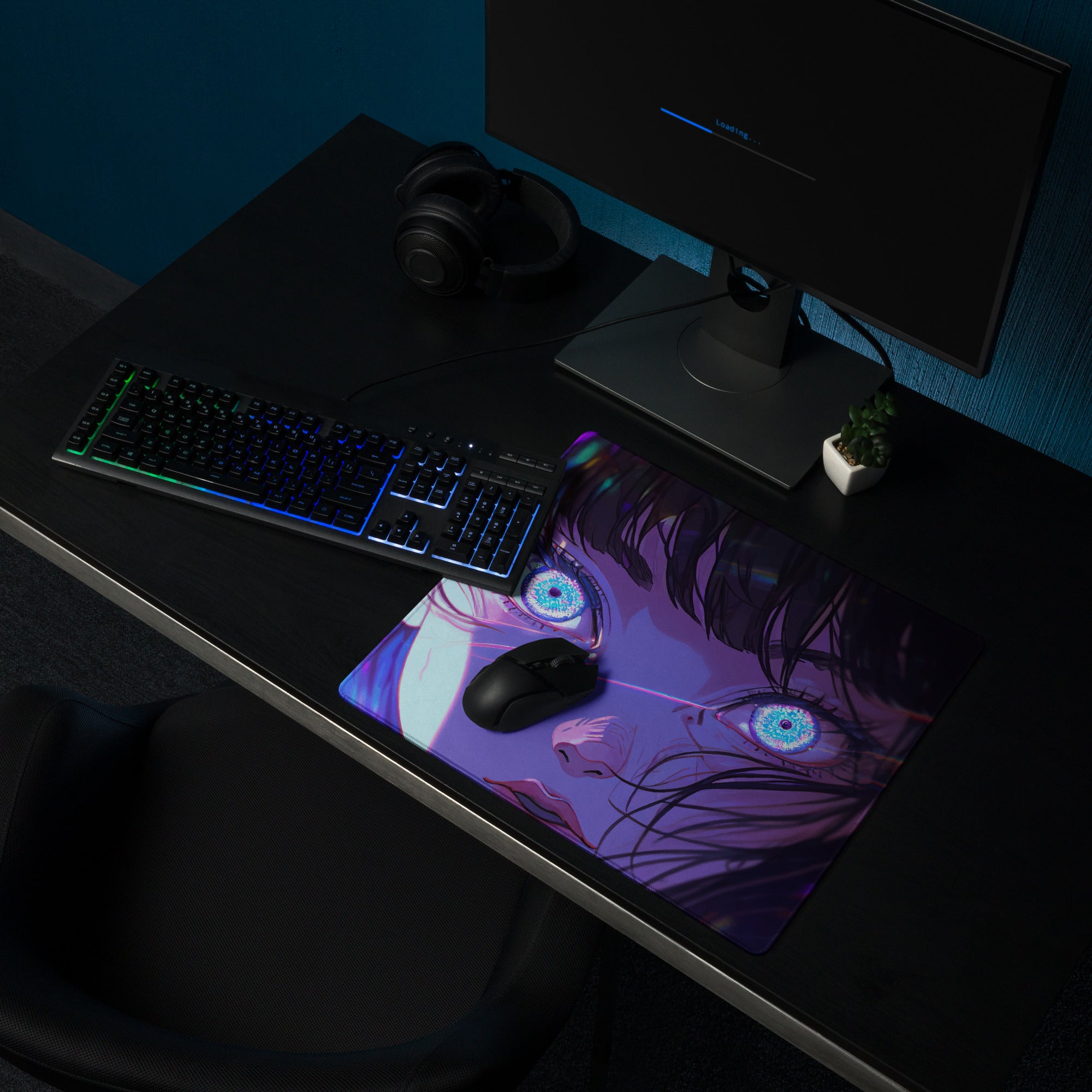 Neon Anime Portrait Gaming Mouse Pad - Anime Portrait Purple Blue Gaming Desk Cyberpunk Art Energetic Mood Esports Pad Digital Art