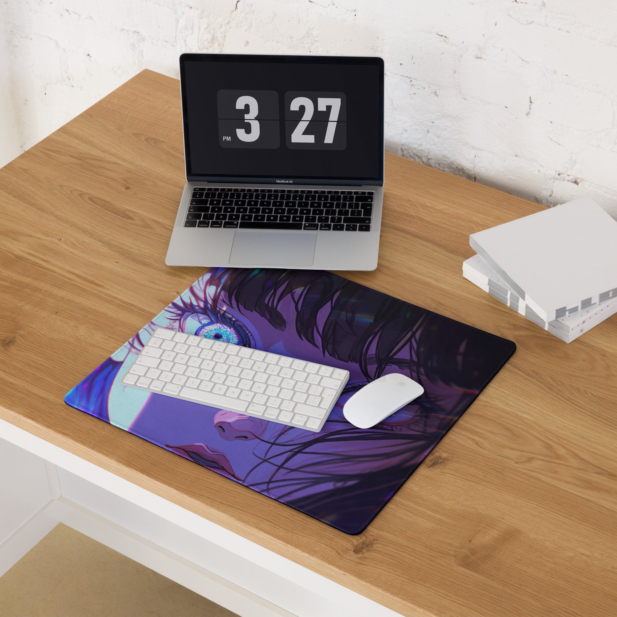 Neon Anime Portrait Gaming Mouse Pad - Anime Portrait Purple Blue Gaming Desk Cyberpunk Art Energetic Mood Esports Pad Digital Art