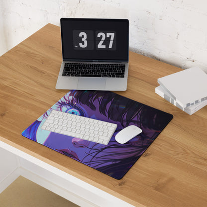 Neon Anime Portrait Gaming Mouse Pad - Anime Portrait Purple Blue Gaming Desk Cyberpunk Art Energetic Mood Esports Pad Digital Art