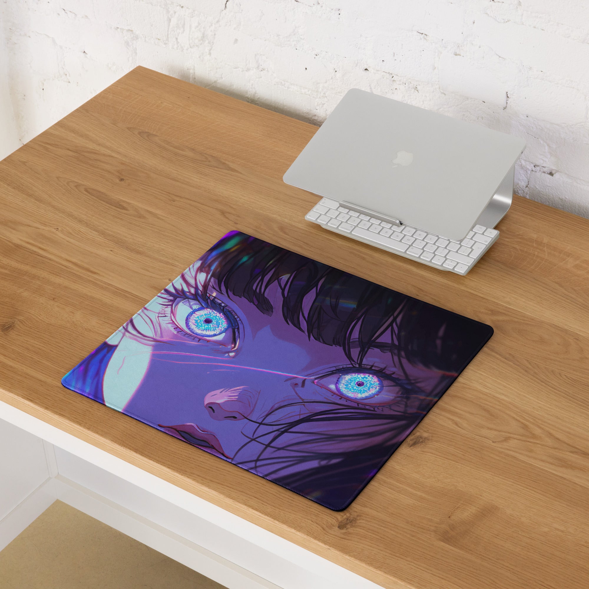 Neon Anime Portrait Gaming Mouse Pad - Anime Portrait Purple Blue Gaming Desk Cyberpunk Art Energetic Mood Esports Pad Digital Art