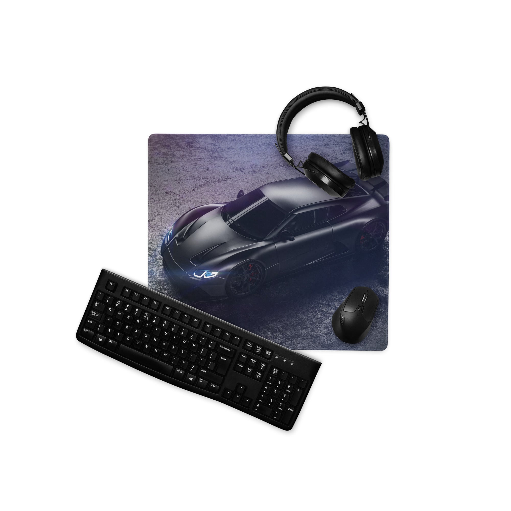 Night Racer Gaming Mouse Pad - Sports Car Black Purple Desk Mat For Gaming Sleek Futuristic Cyberpunk Photography