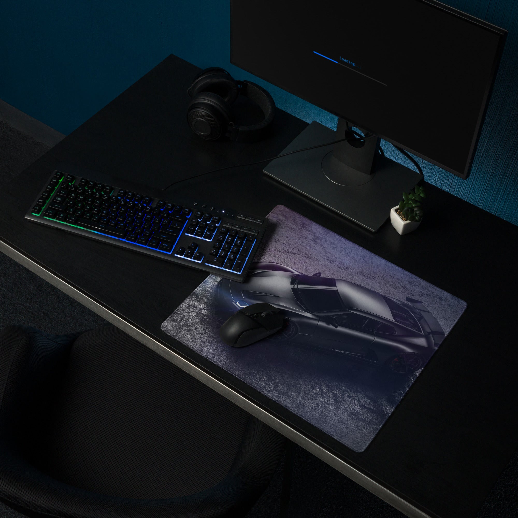 Night Racer Gaming Mouse Pad - Sports Car Black Purple Desk Mat For Gaming Sleek Futuristic Cyberpunk Photography