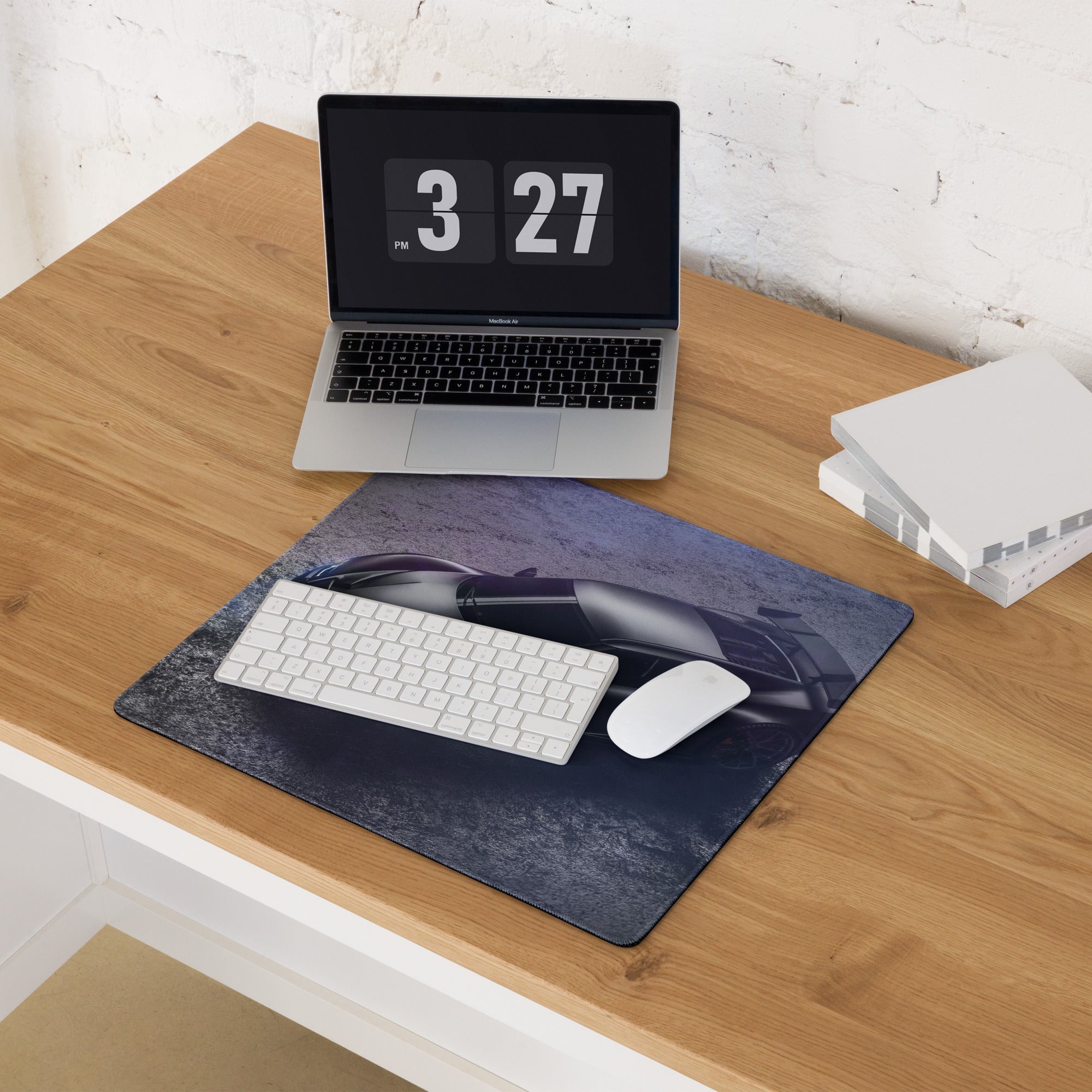 Night Racer Gaming Mouse Pad - Sports Car Black Purple Desk Mat For Gaming Sleek Futuristic Cyberpunk Photography