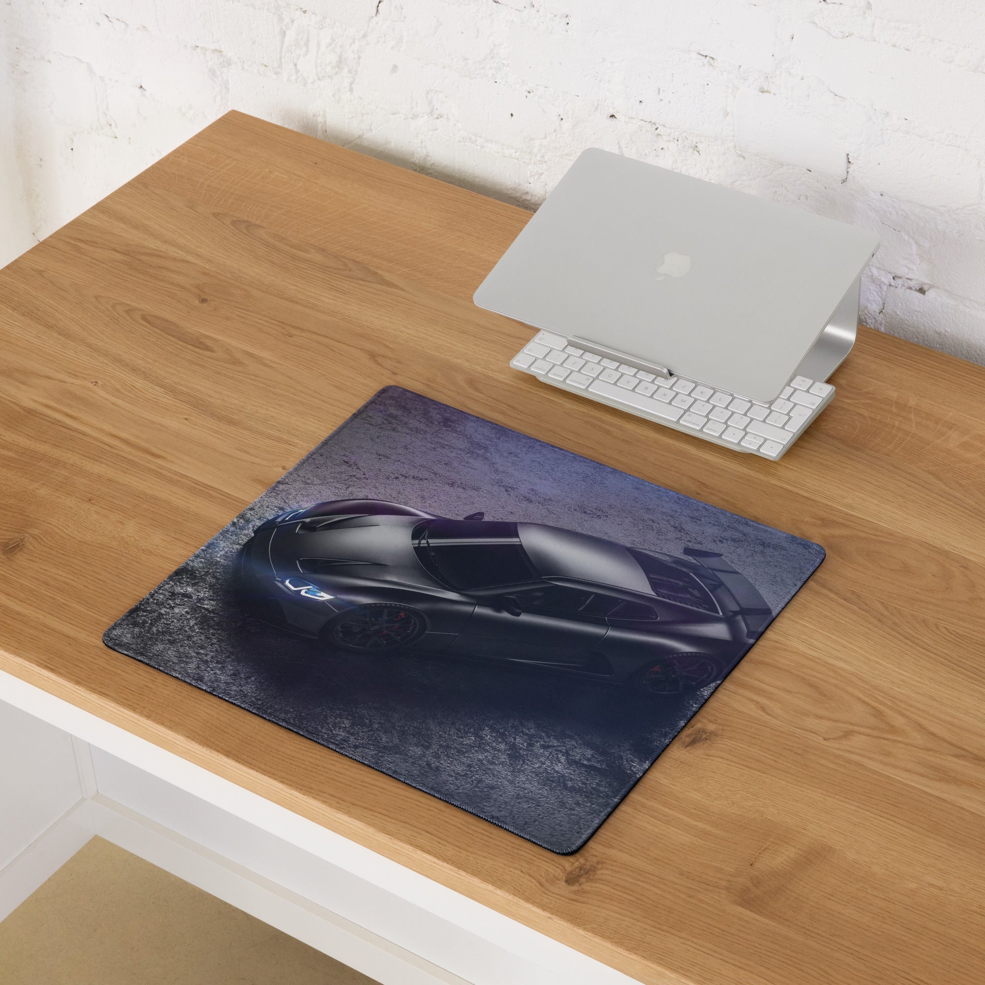 Night Racer Gaming Mouse Pad - Sports Car Black Purple Desk Mat For Gaming Sleek Futuristic Cyberpunk Photography